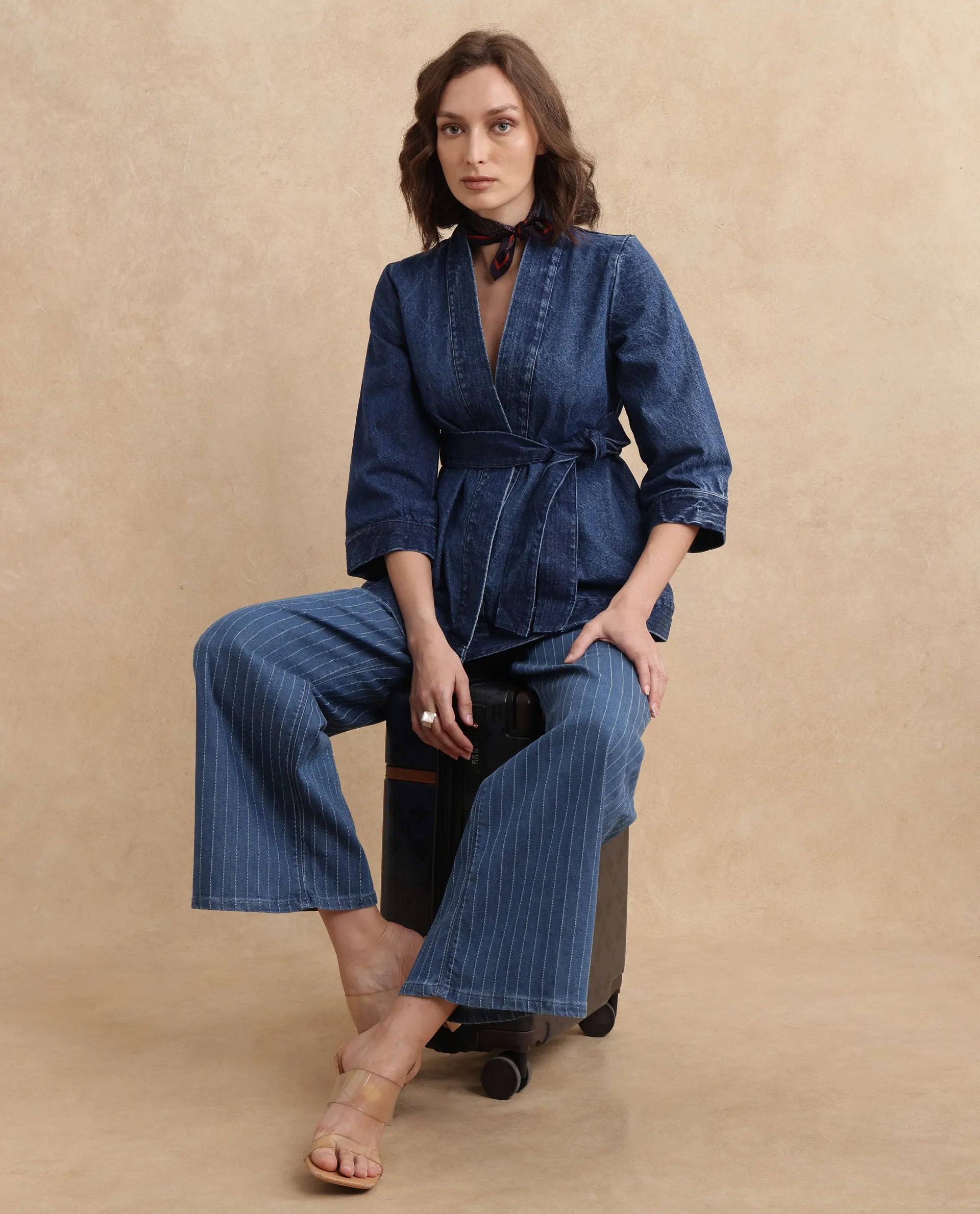 Rareism Women Zezo Blue Cotton Fabric Full Sleeve Regular Fit Plain Jacket