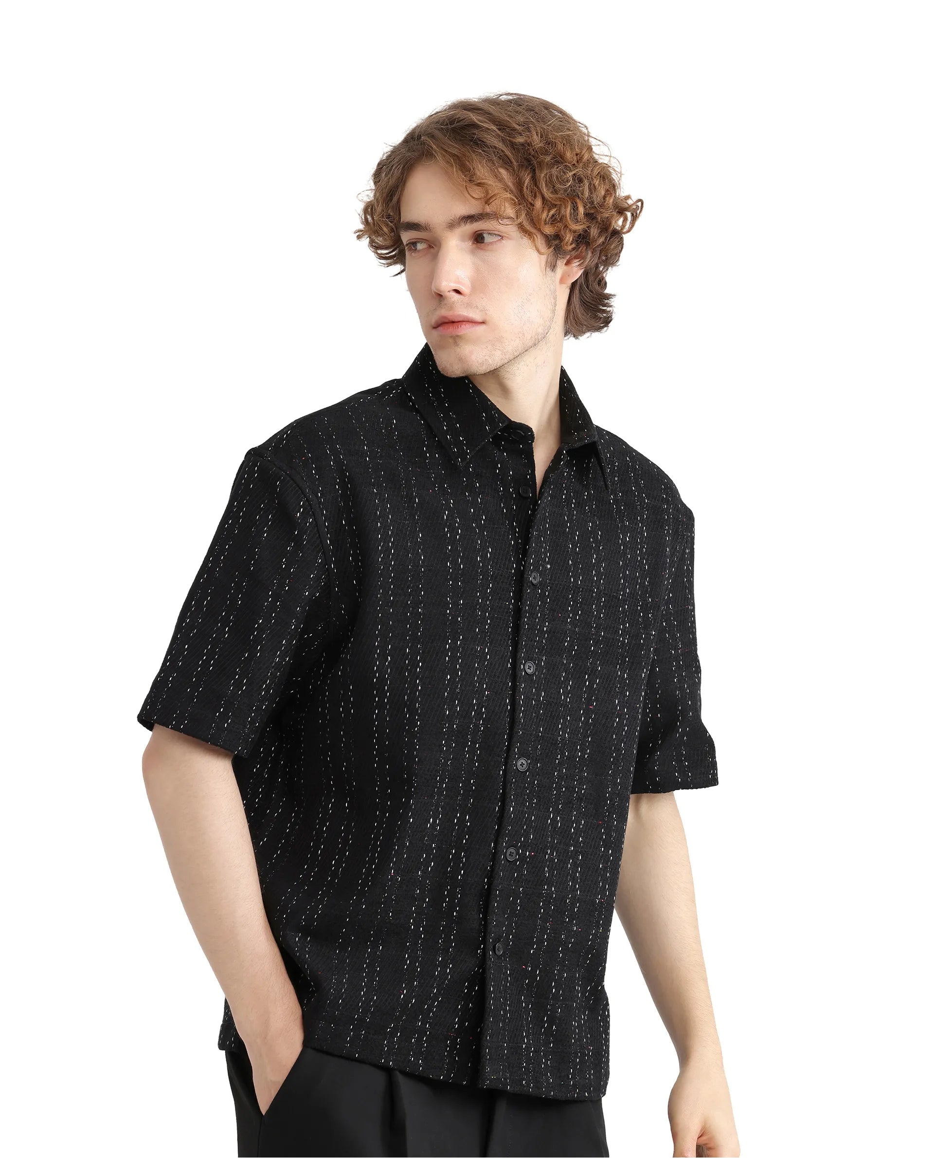 Rare Rabbit Men's Zhet Navy Cotton Fabric Short Sleeve Collared Neck Button Closure Printed Shirt