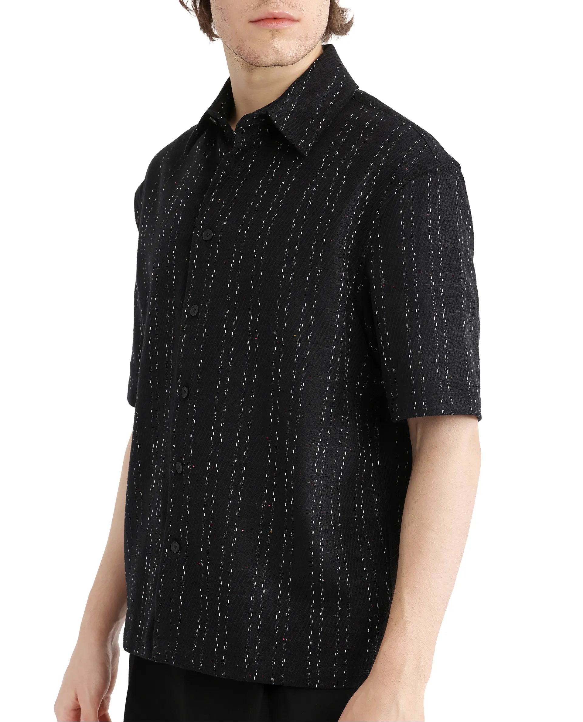 Rare Rabbit Men's Zhet Navy Cotton Fabric Short Sleeve Collared Neck Button Closure Printed Shirt