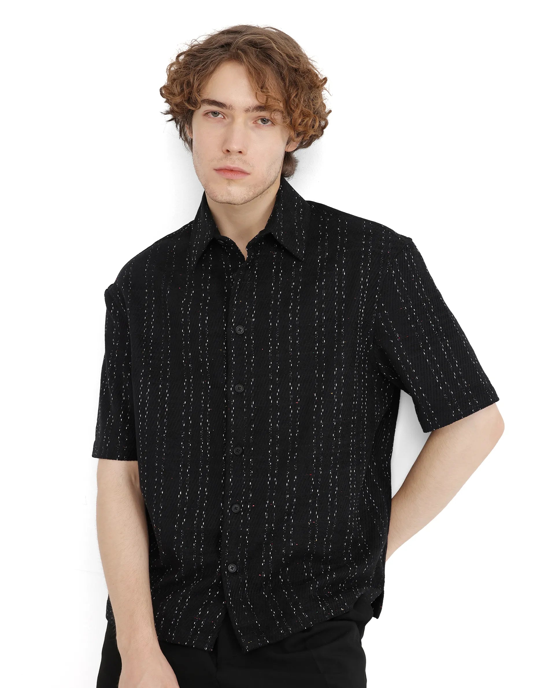 Rare Rabbit Men's Zhet Navy Cotton Fabric Short Sleeve Collared Neck Button Closure Printed Shirt