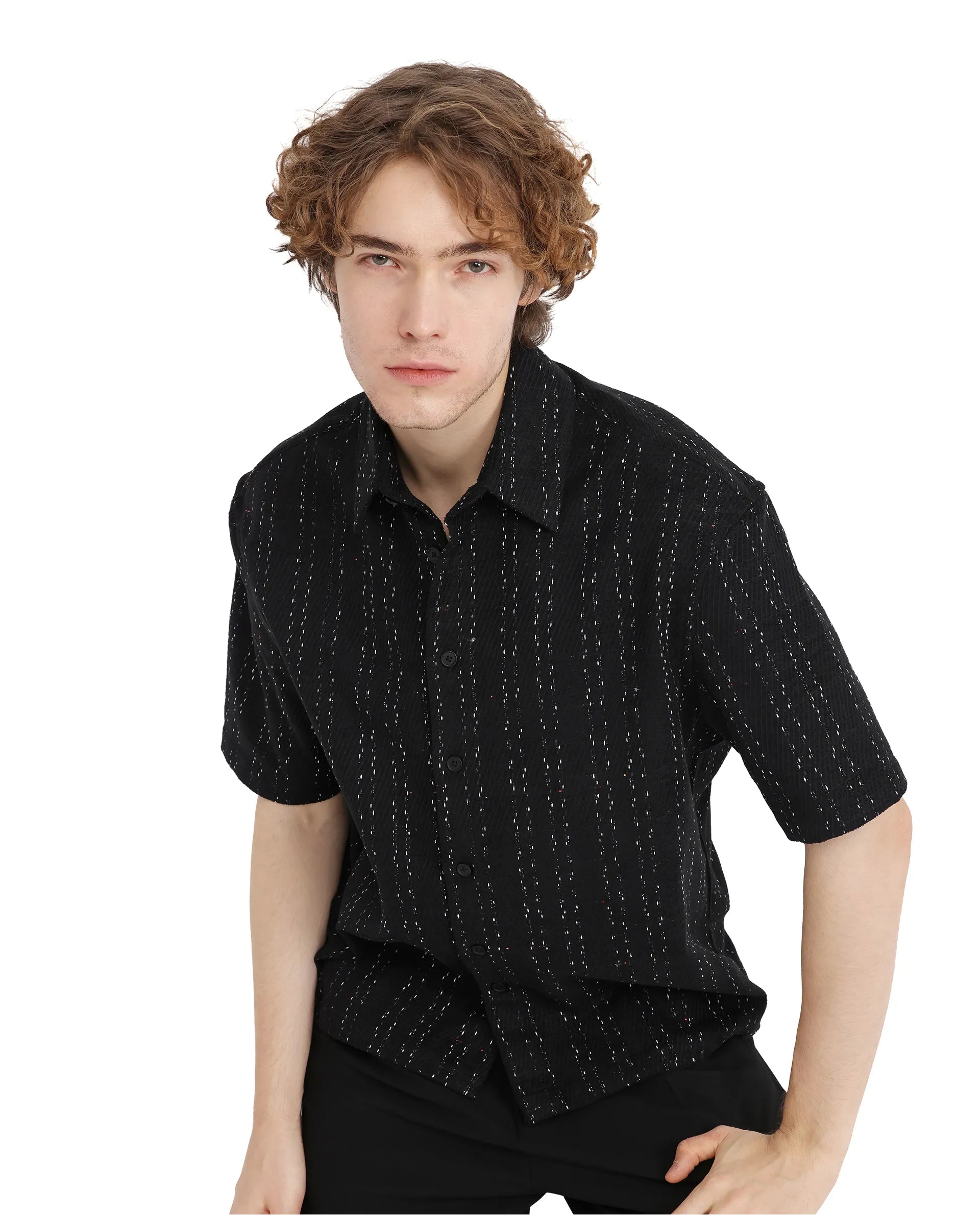 Rare Rabbit Men's Zhet Navy Cotton Fabric Short Sleeve Collared Neck Button Closure Printed Shirt