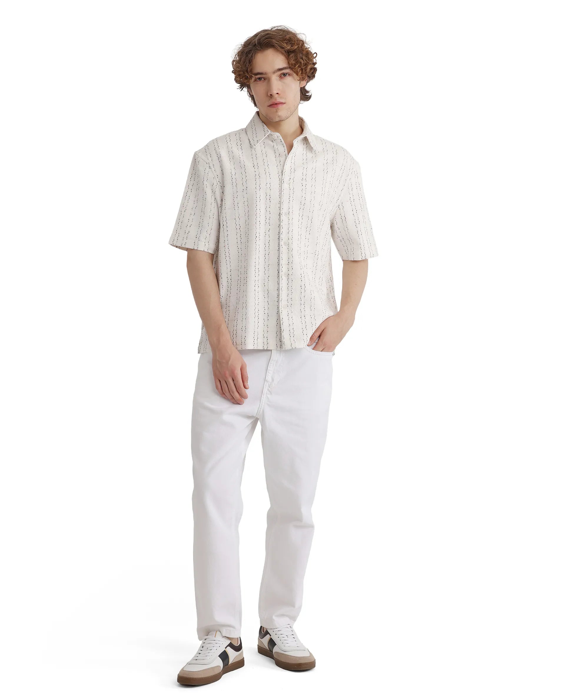 Rare Rabbit Men's Zhet White Cotton Fabric Short Sleeve Collared Neck Button Closure Printed Shirt