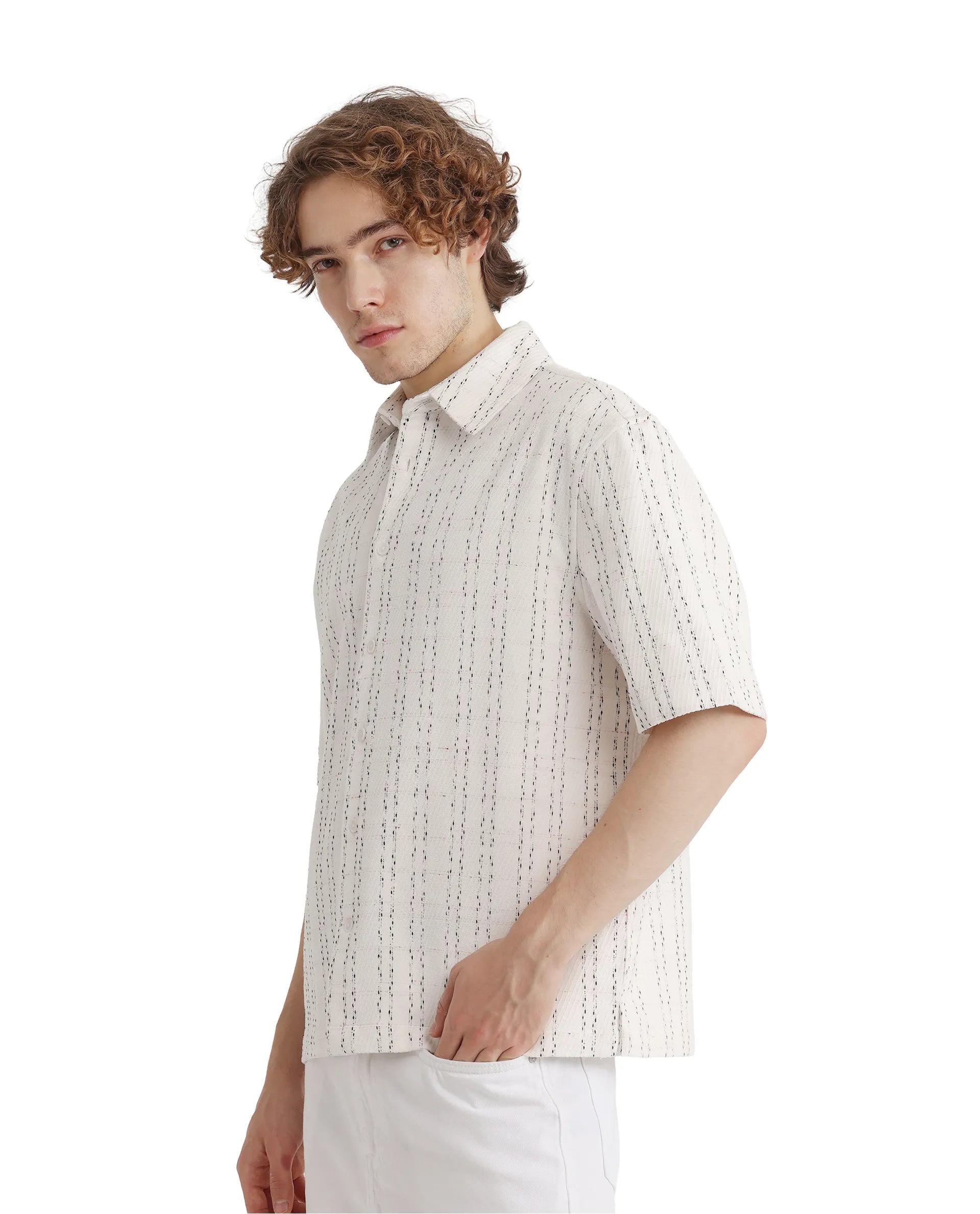 Rare Rabbit Men's Zhet White Cotton Fabric Short Sleeve Collared Neck Button Closure Printed Shirt