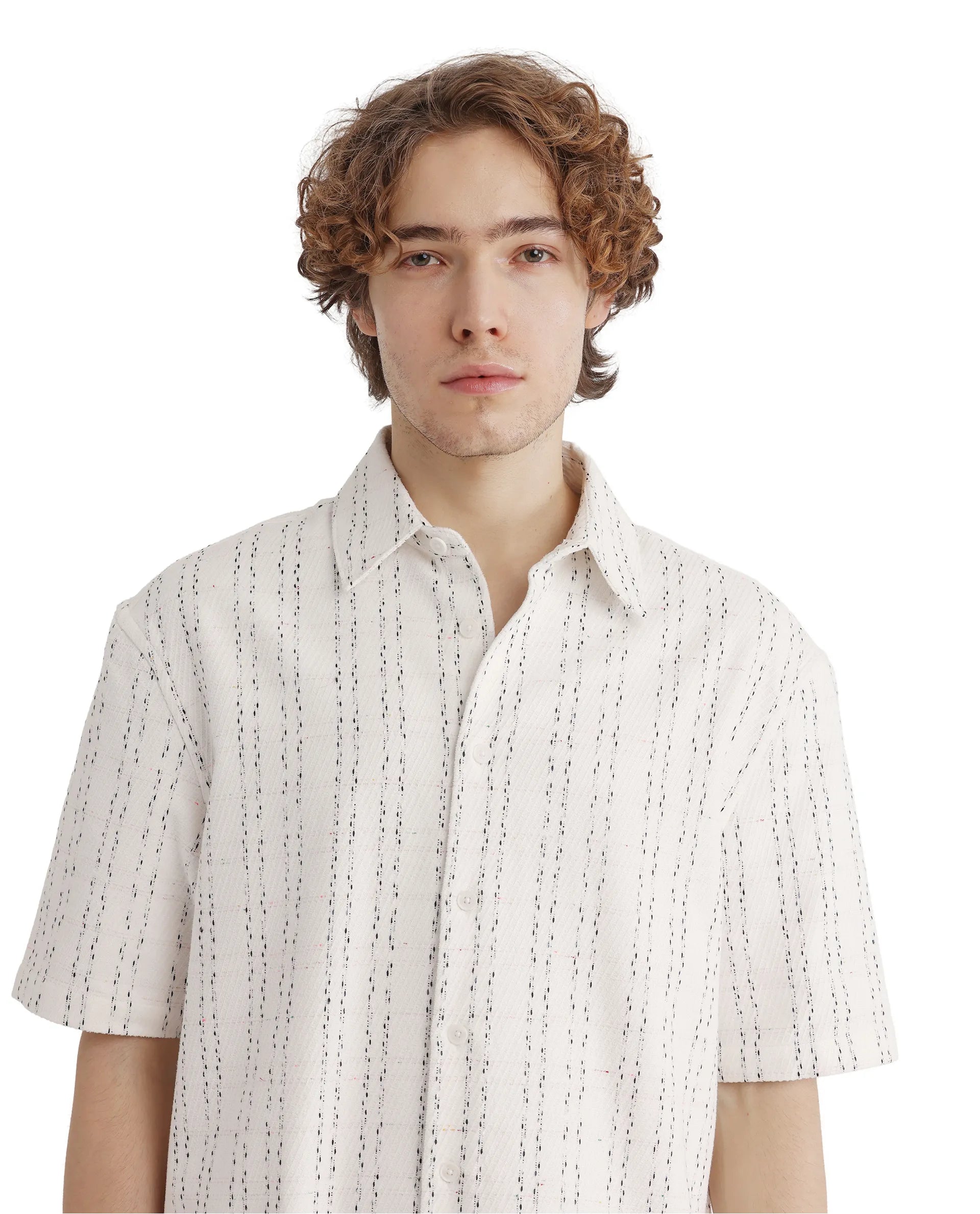Rare Rabbit Men's Zhet White Cotton Fabric Short Sleeve Collared Neck Button Closure Printed Shirt