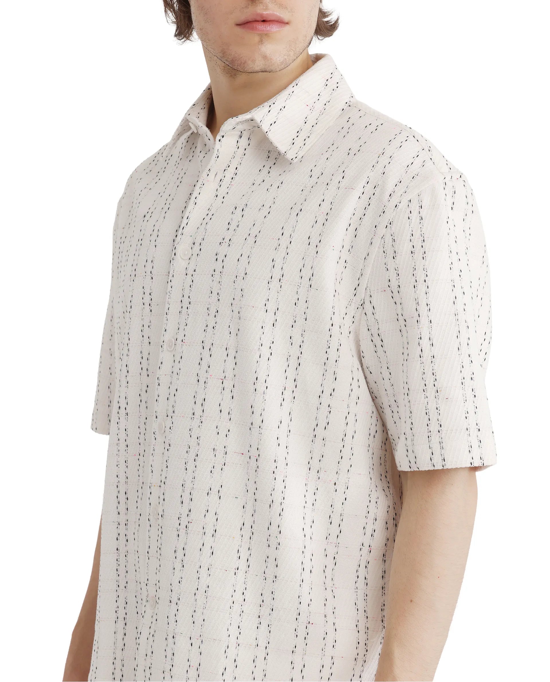 Rare Rabbit Men's Zhet White Cotton Fabric Short Sleeve Collared Neck Button Closure Printed Shirt