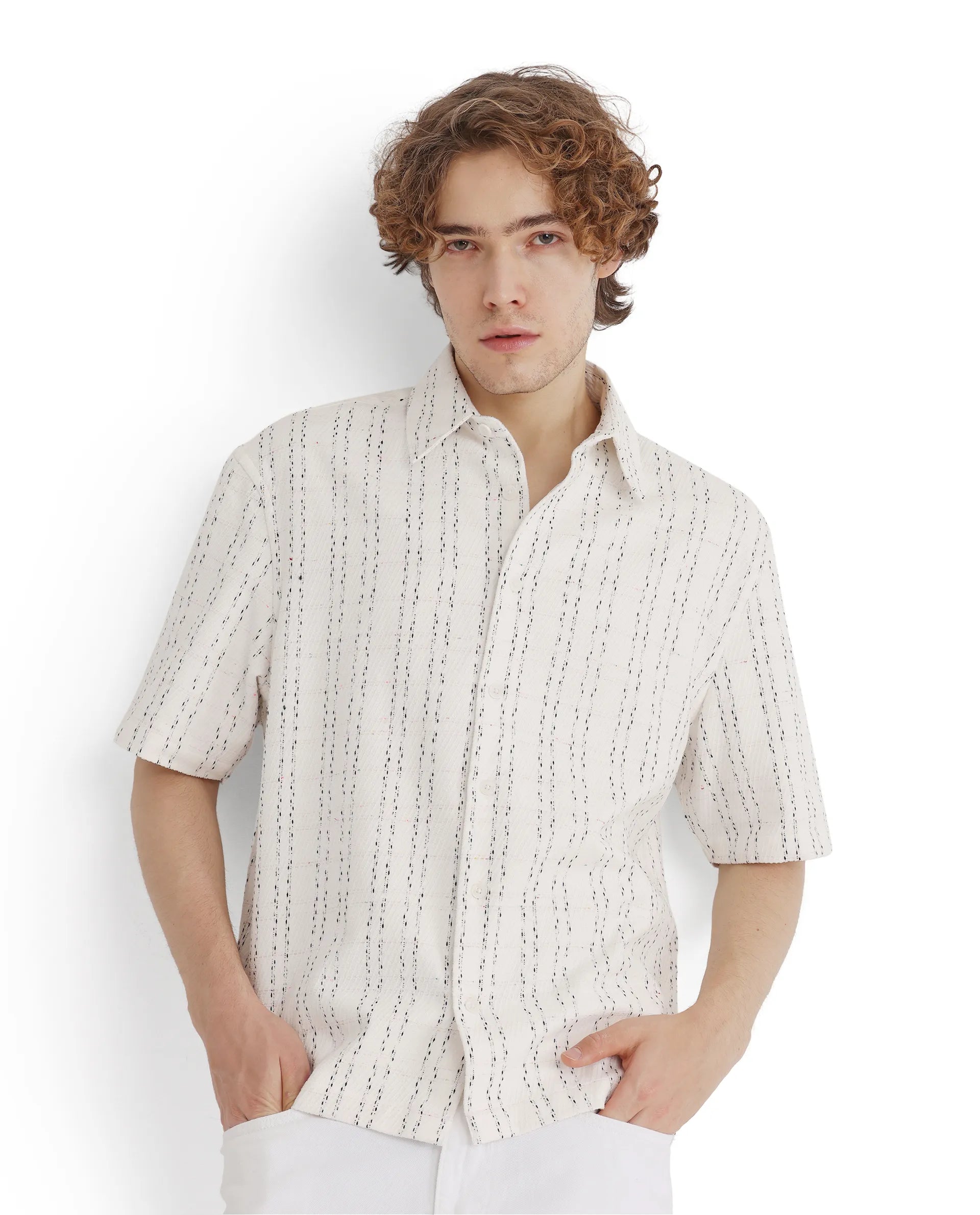 Rare Rabbit Men's Zhet White Cotton Fabric Short Sleeve Collared Neck Button Closure Printed Shirt