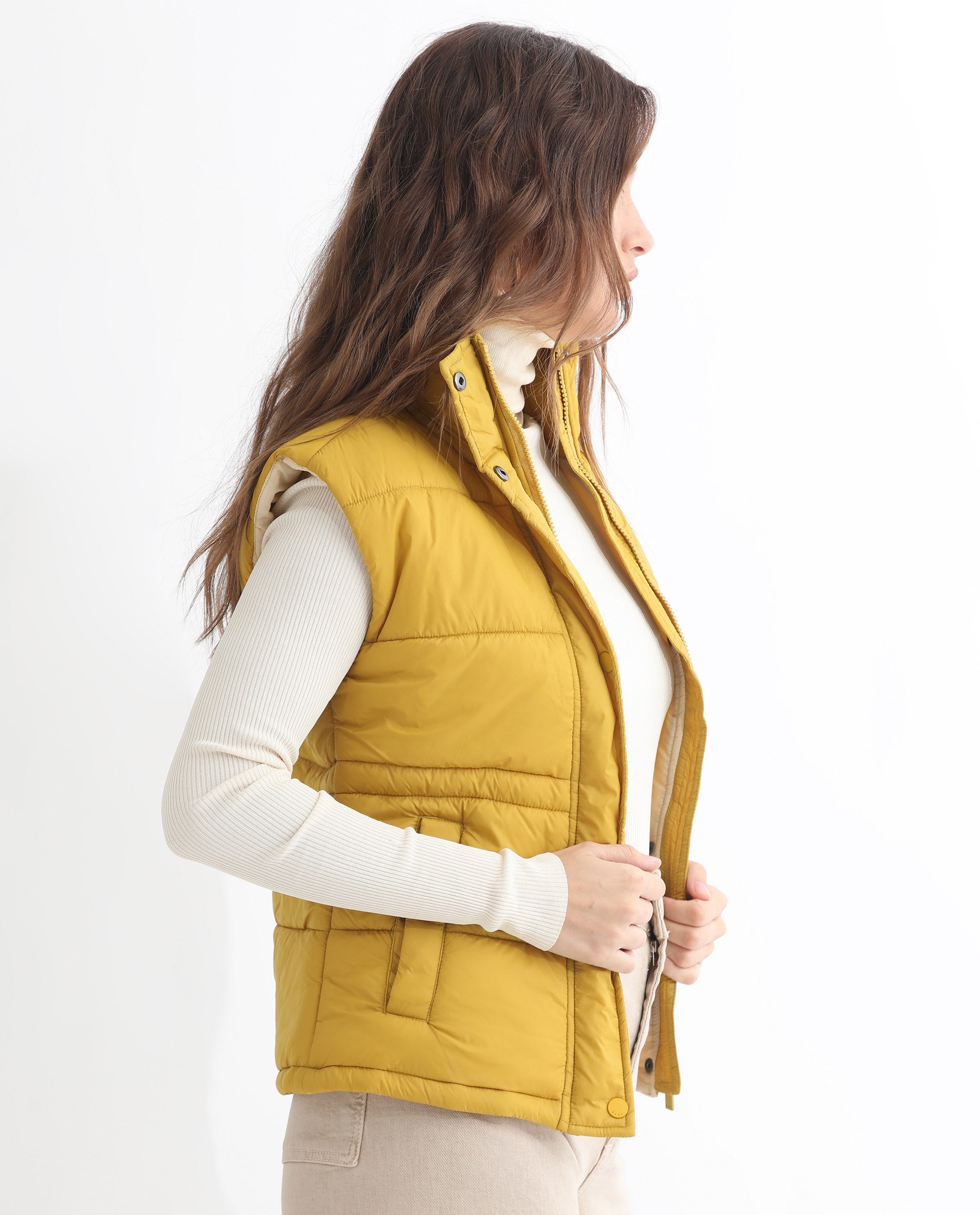 Rareism Women Ziazan Yellow Polyester Fabric Sleeveless Solid High Neck Jacket