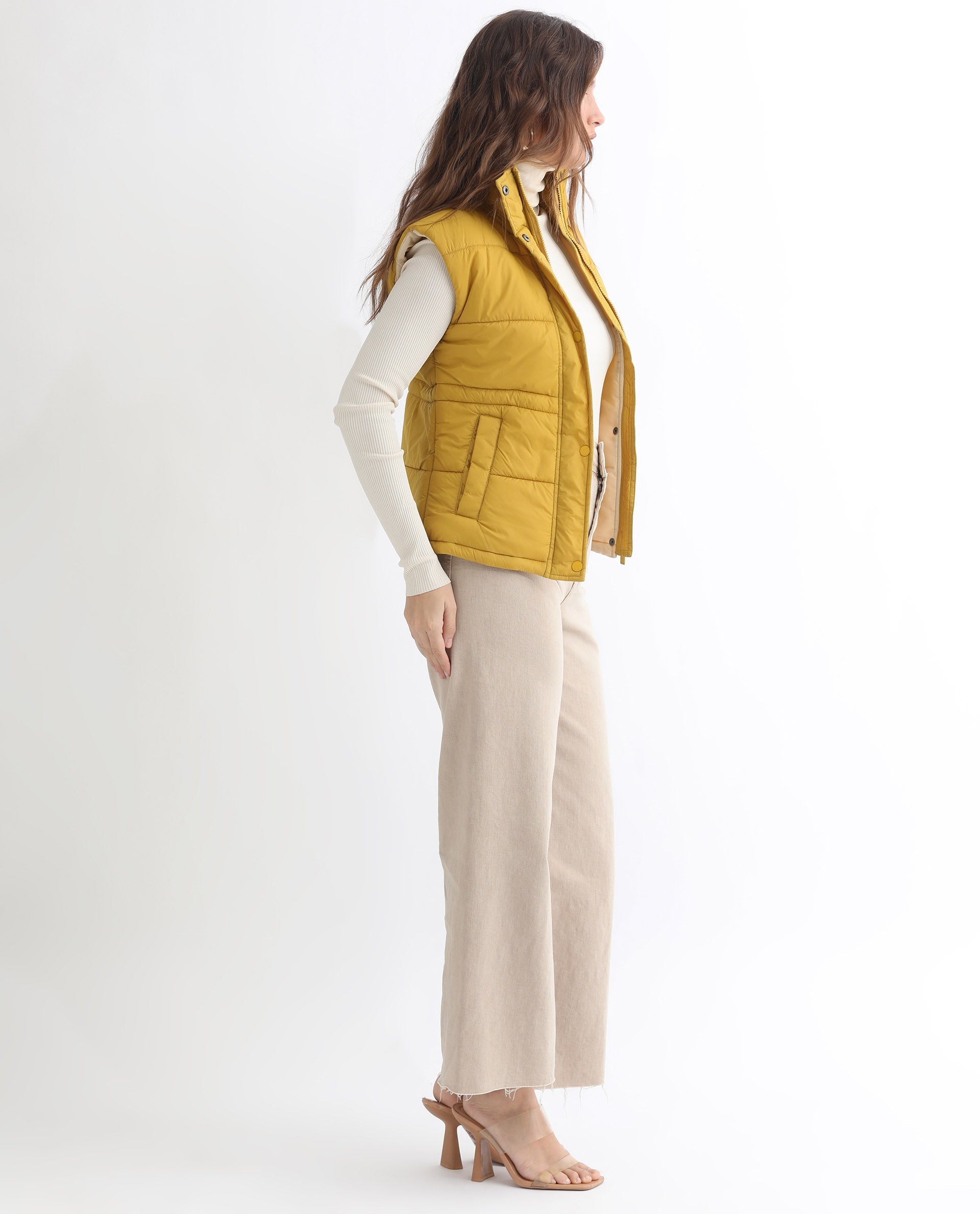 Rareism Women Ziazan Yellow Polyester Fabric Sleeveless Solid High Neck Jacket