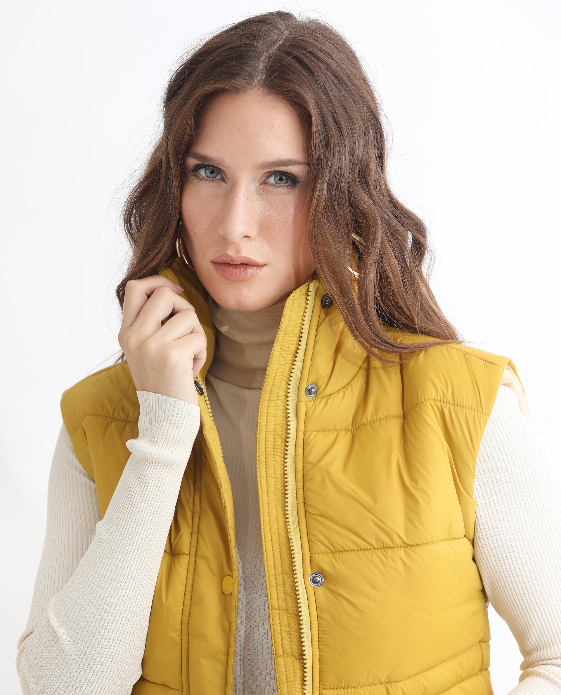 Rareism Women Ziazan Yellow Polyester Fabric Sleeveless Solid High Neck Jacket