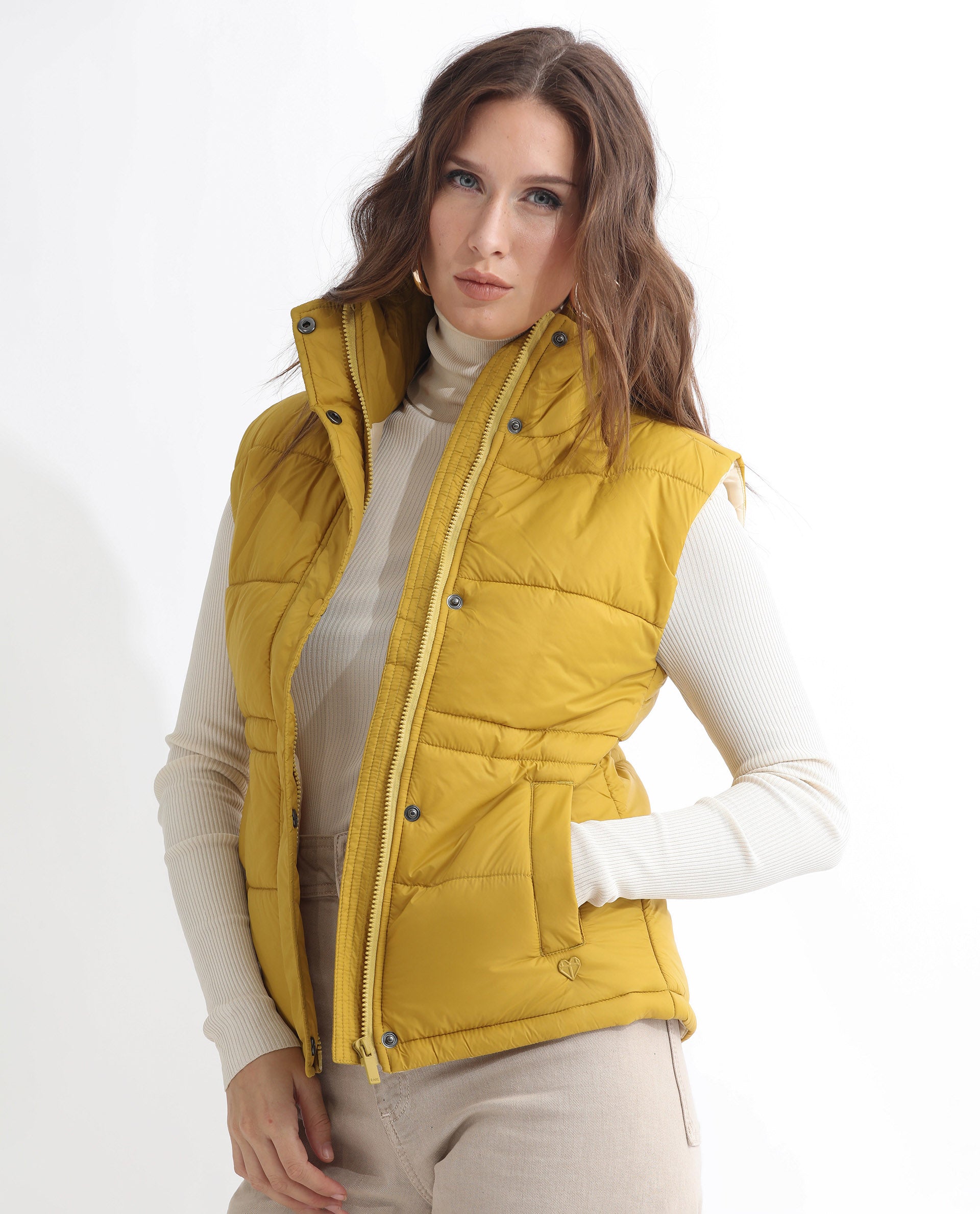 Rareism Women Ziazan Yellow Polyester Fabric Sleeveless Solid High Neck Jacket