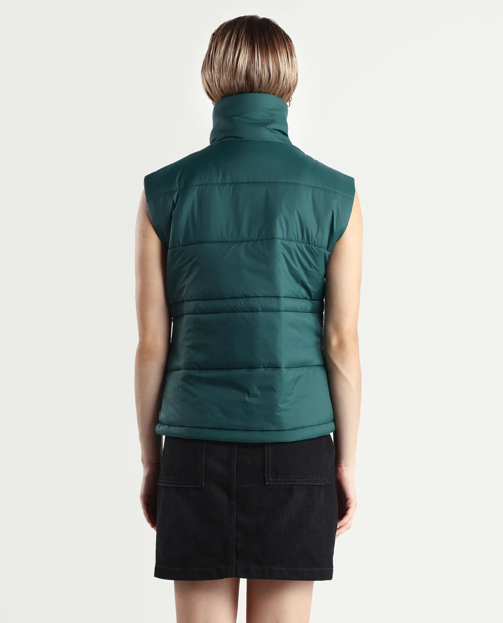 Rareism Women's Ziazan Green Polyester High Neck Plain Sleeveless Regular Fit Jacket