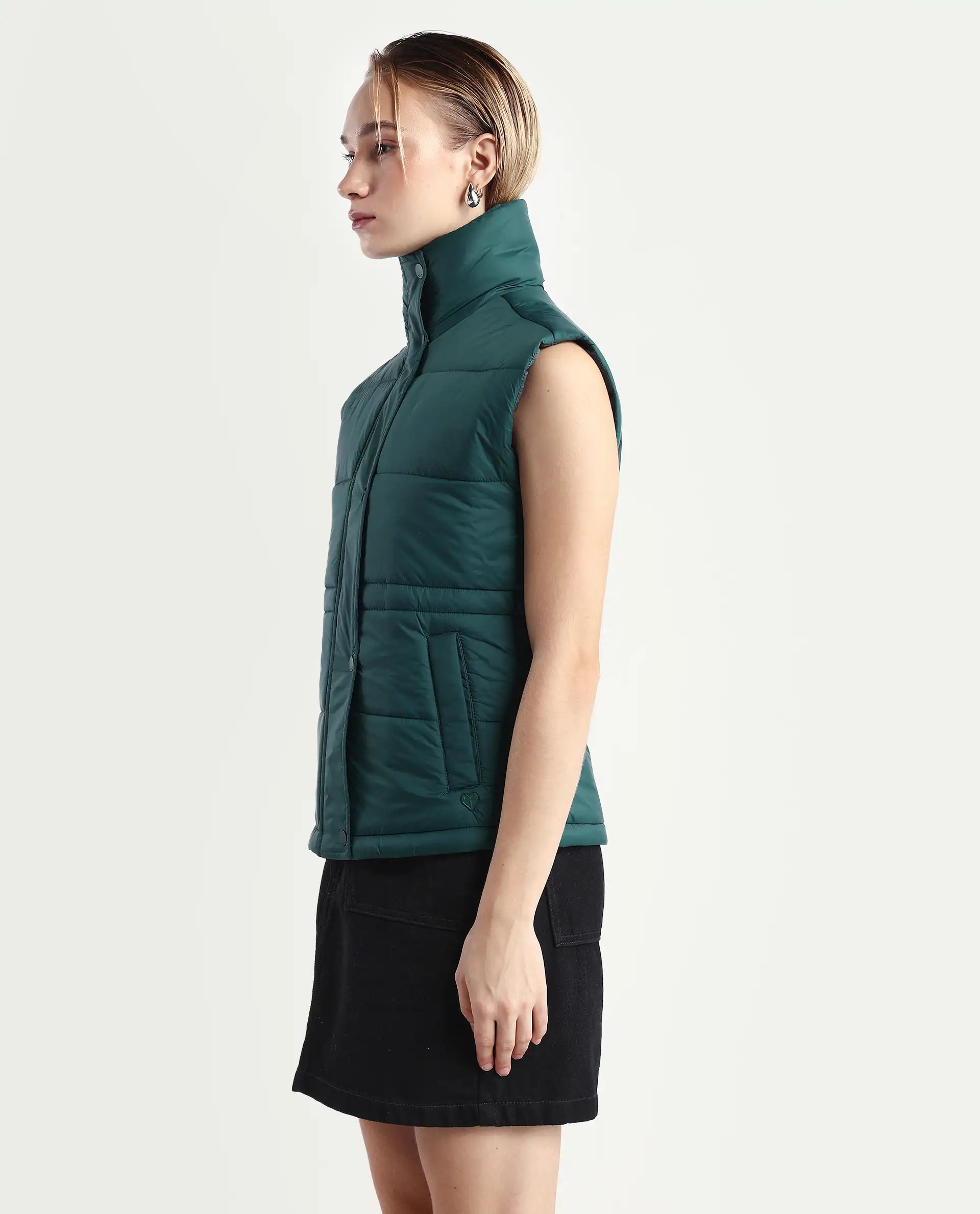 Rareism Women's Ziazan Green Polyester High Neck Plain Sleeveless Regular Fit Jacket