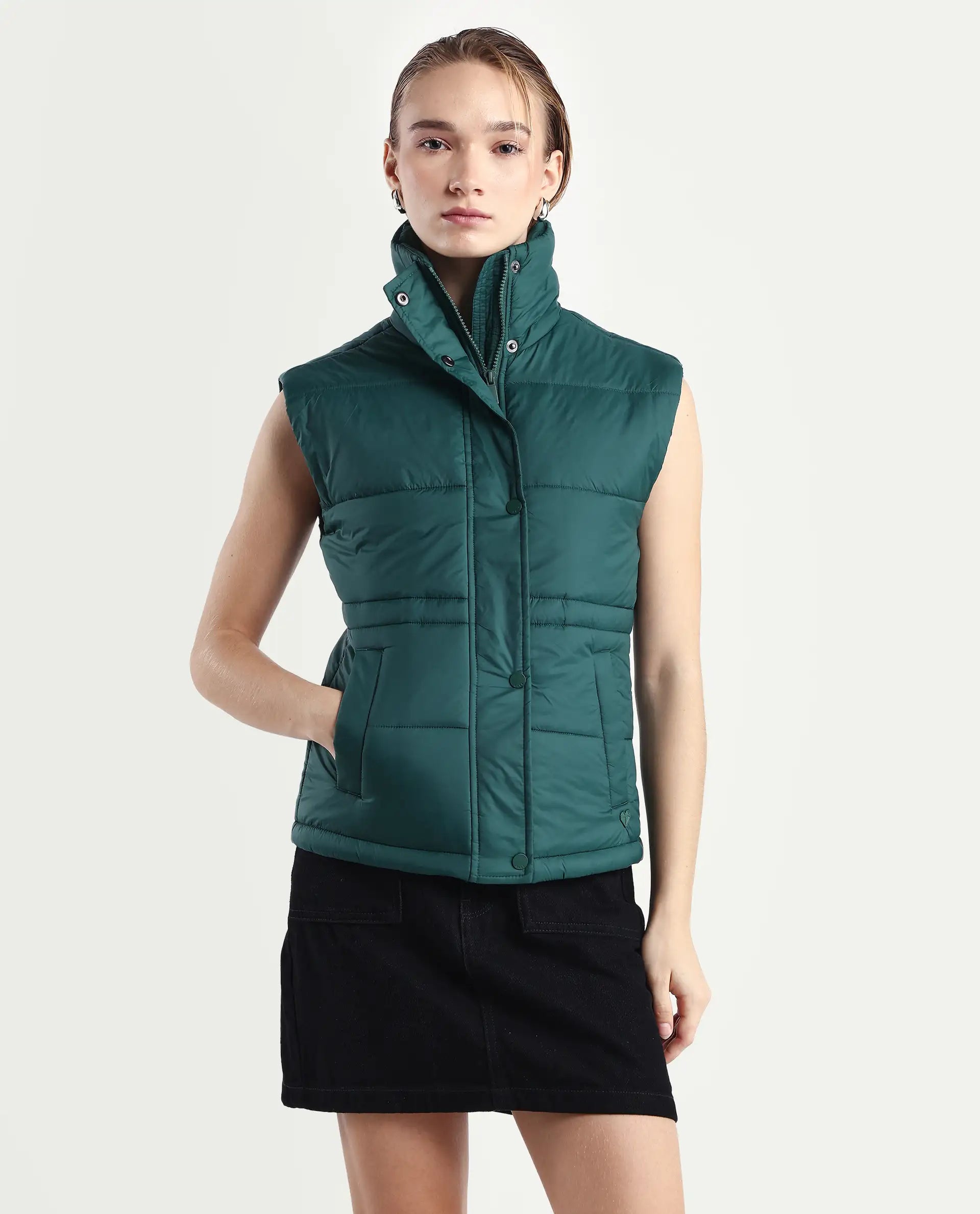 Rareism Women's Ziazan Green Polyester High Neck Plain Sleeveless Regular Fit Jacket