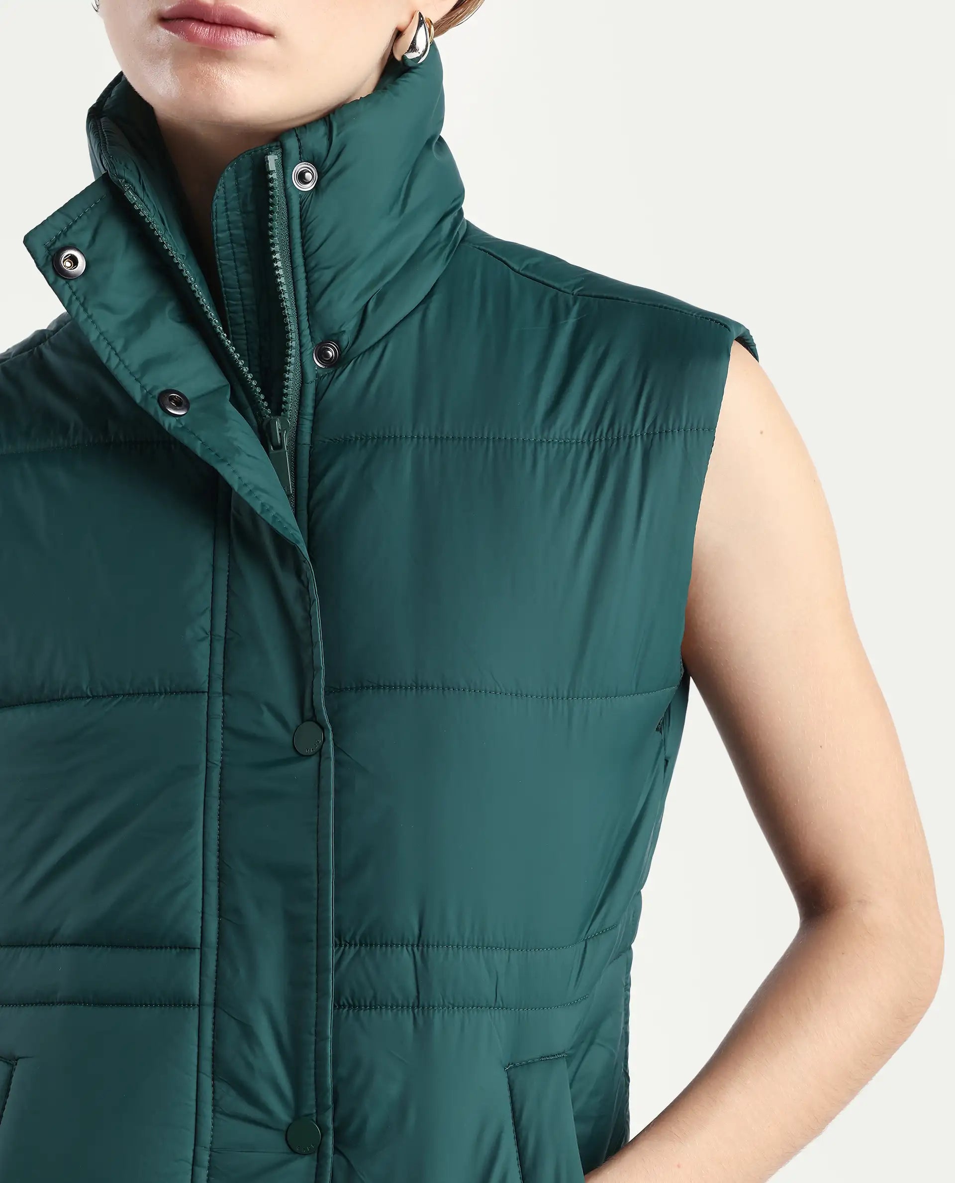 Rareism Women's Ziazan Green Polyester High Neck Plain Sleeveless Regular Fit Jacket