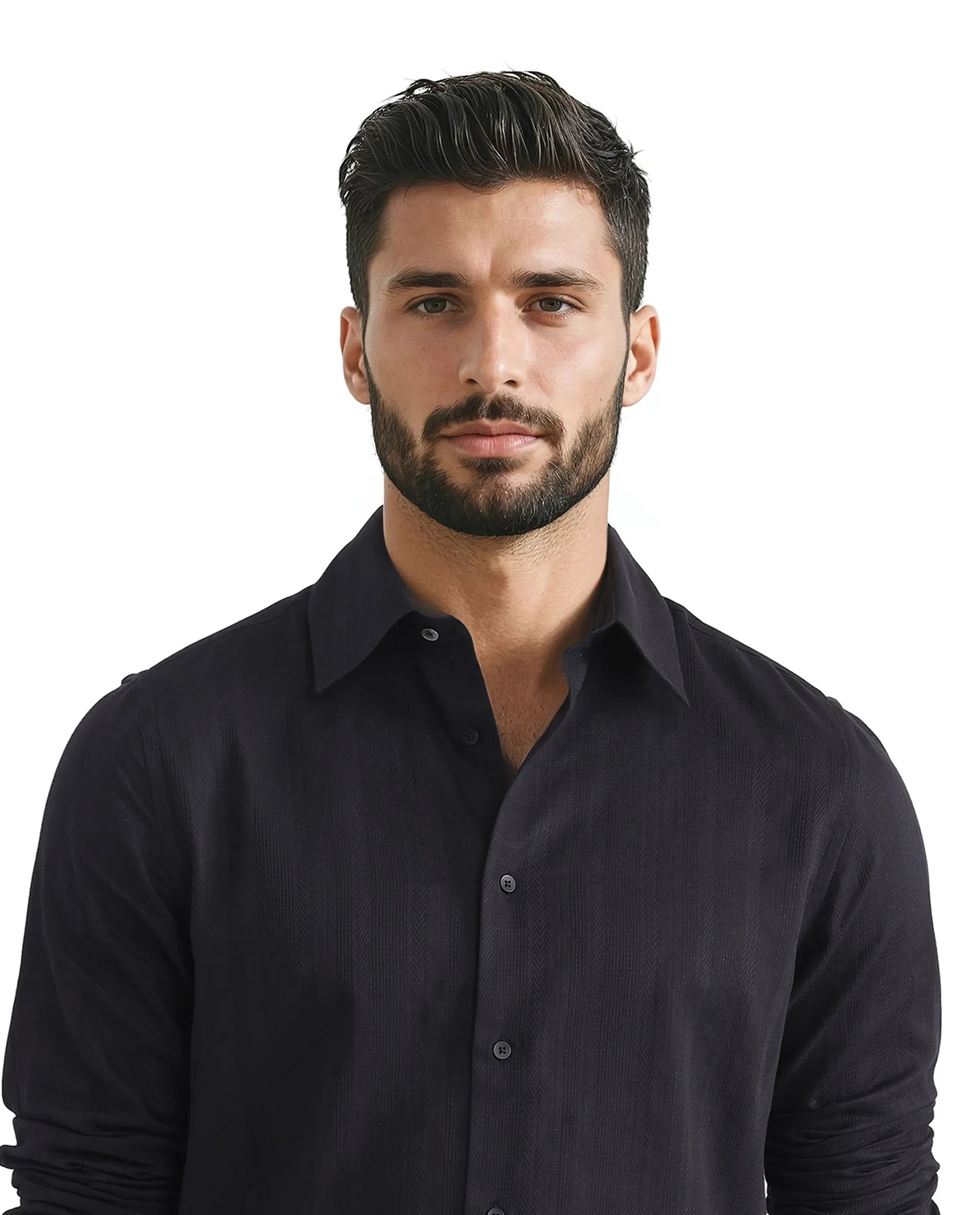 Rare Rabbit Men Zift Black Cotton Blend Fabric Full Sleeve Regular Collared Button Closure Regular Fit Dobby Weave Shirt