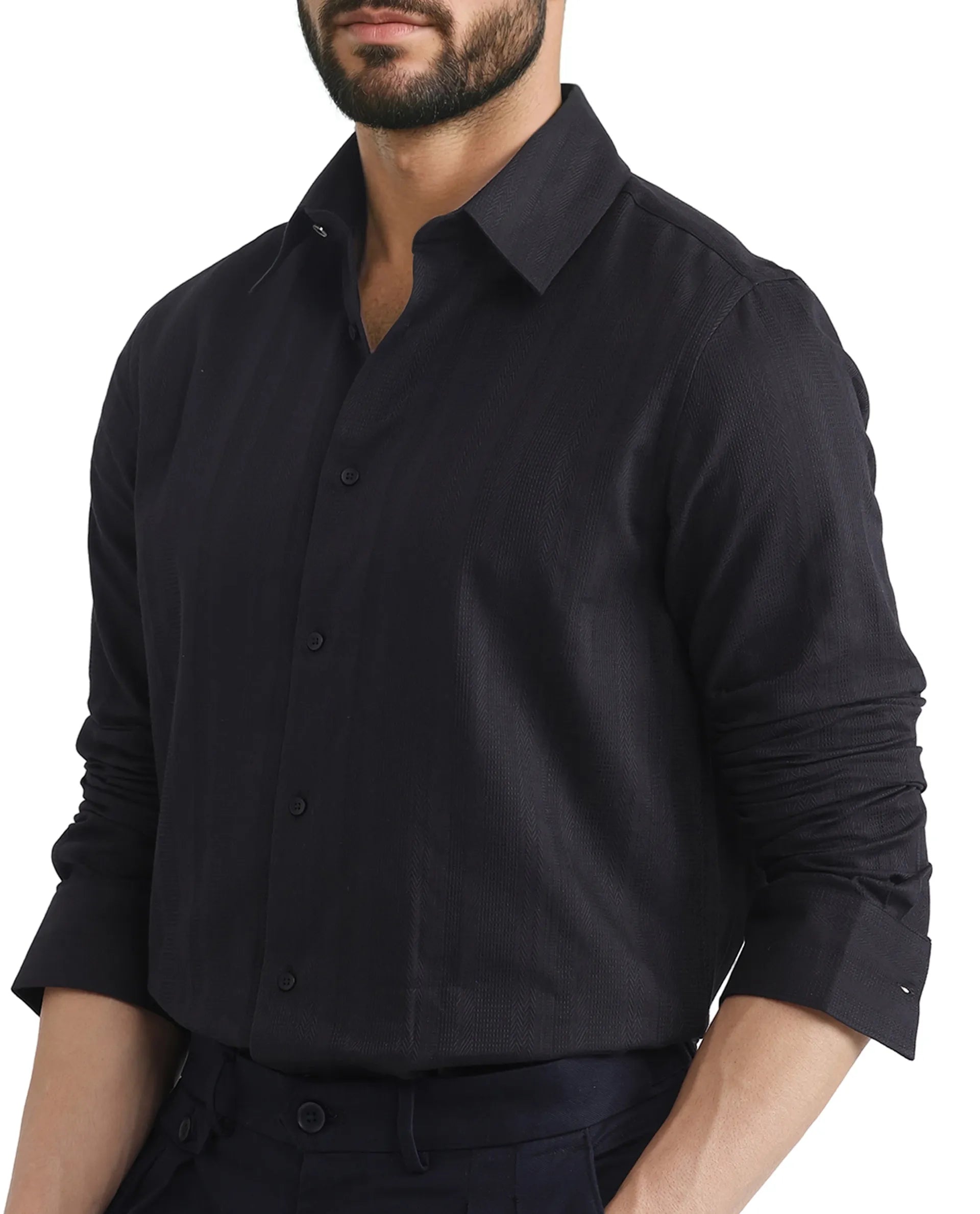 Rare Rabbit Men Zift Black Cotton Blend Fabric Full Sleeve Regular Collared Button Closure Regular Fit Dobby Weave Shirt