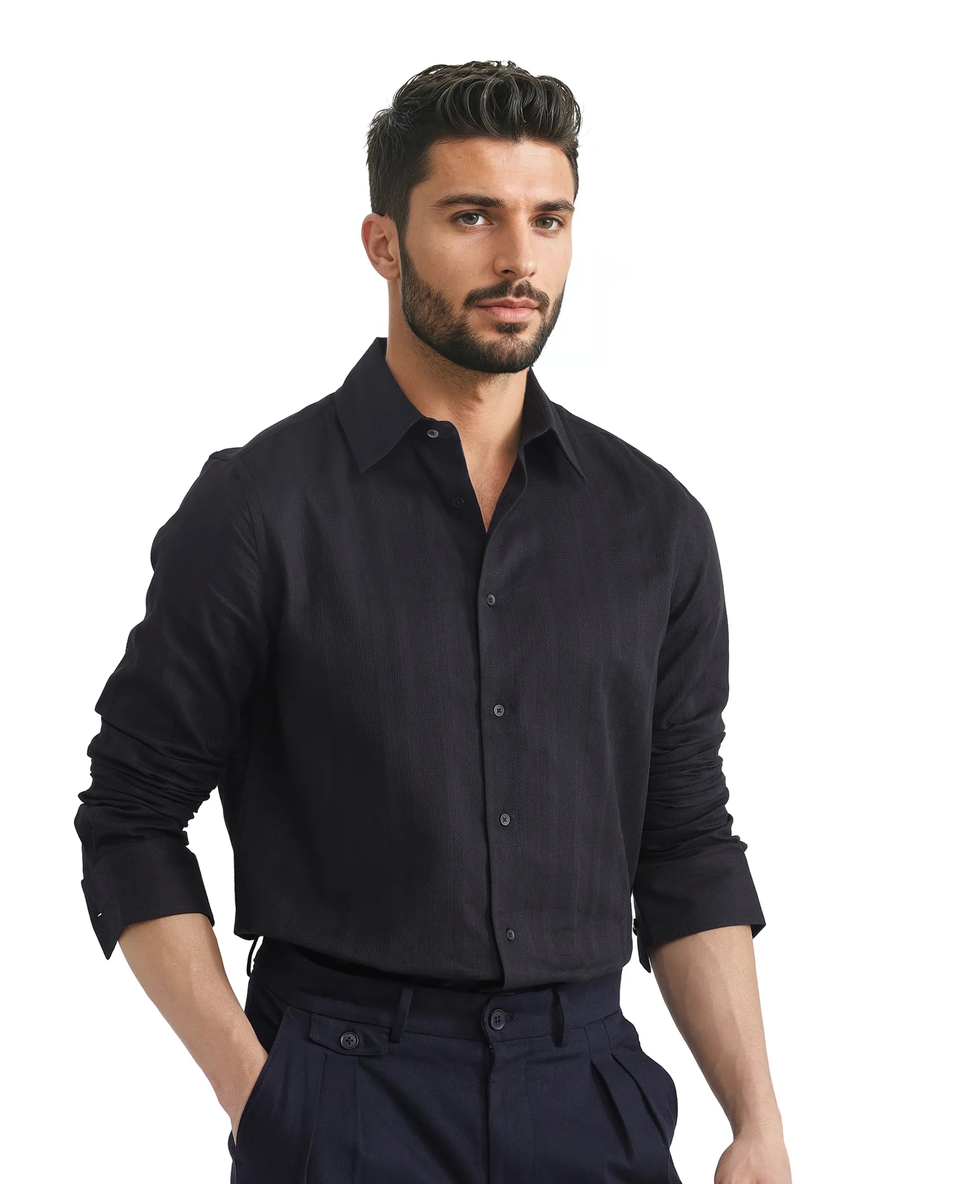 Rare Rabbit Men Zift Black Cotton Blend Fabric Full Sleeve Regular Collared Button Closure Regular Fit Dobby Weave Shirt