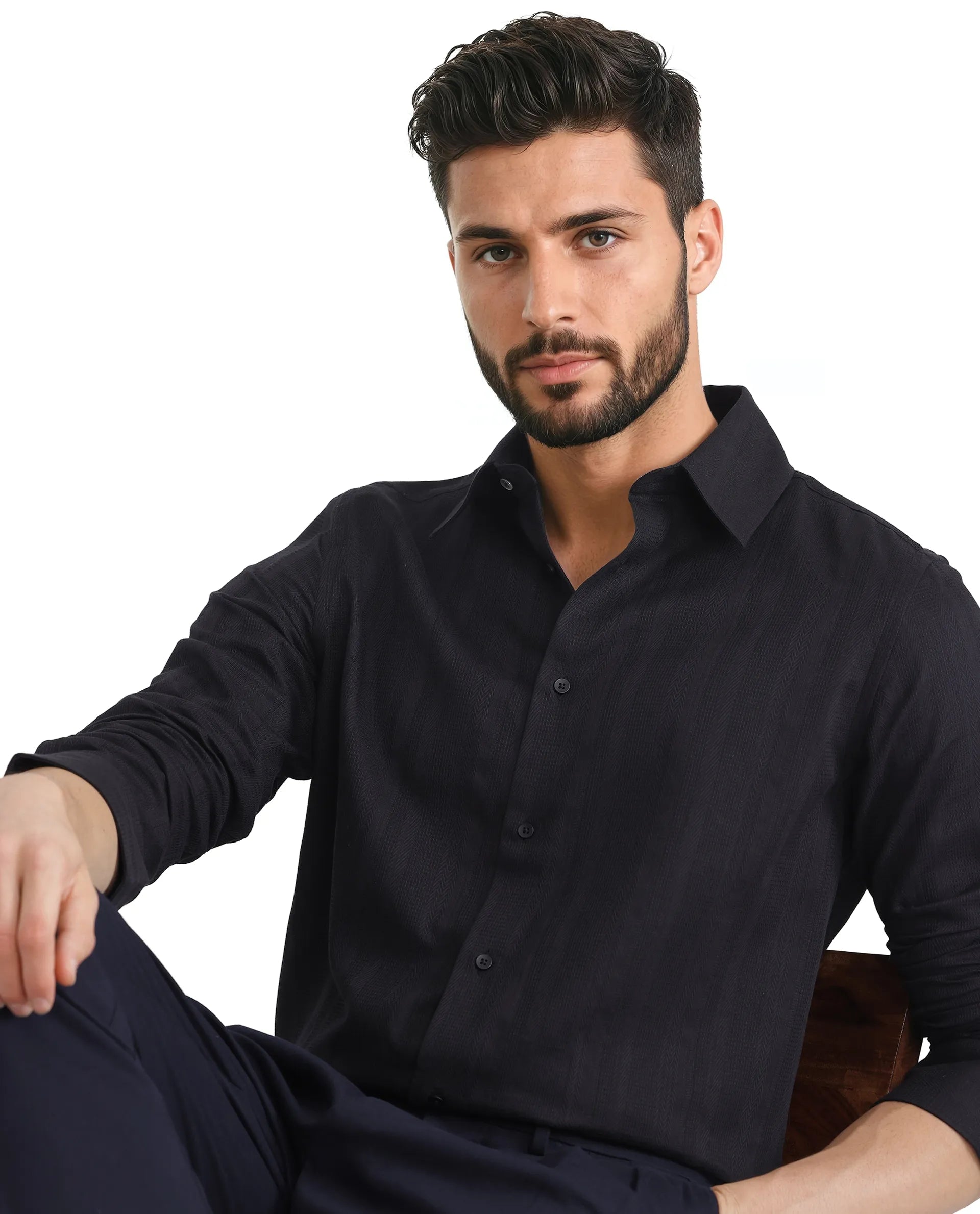 Rare Rabbit Men Zift Black Cotton Blend Fabric Full Sleeve Regular Collared Button Closure Regular Fit Dobby Weave Shirt