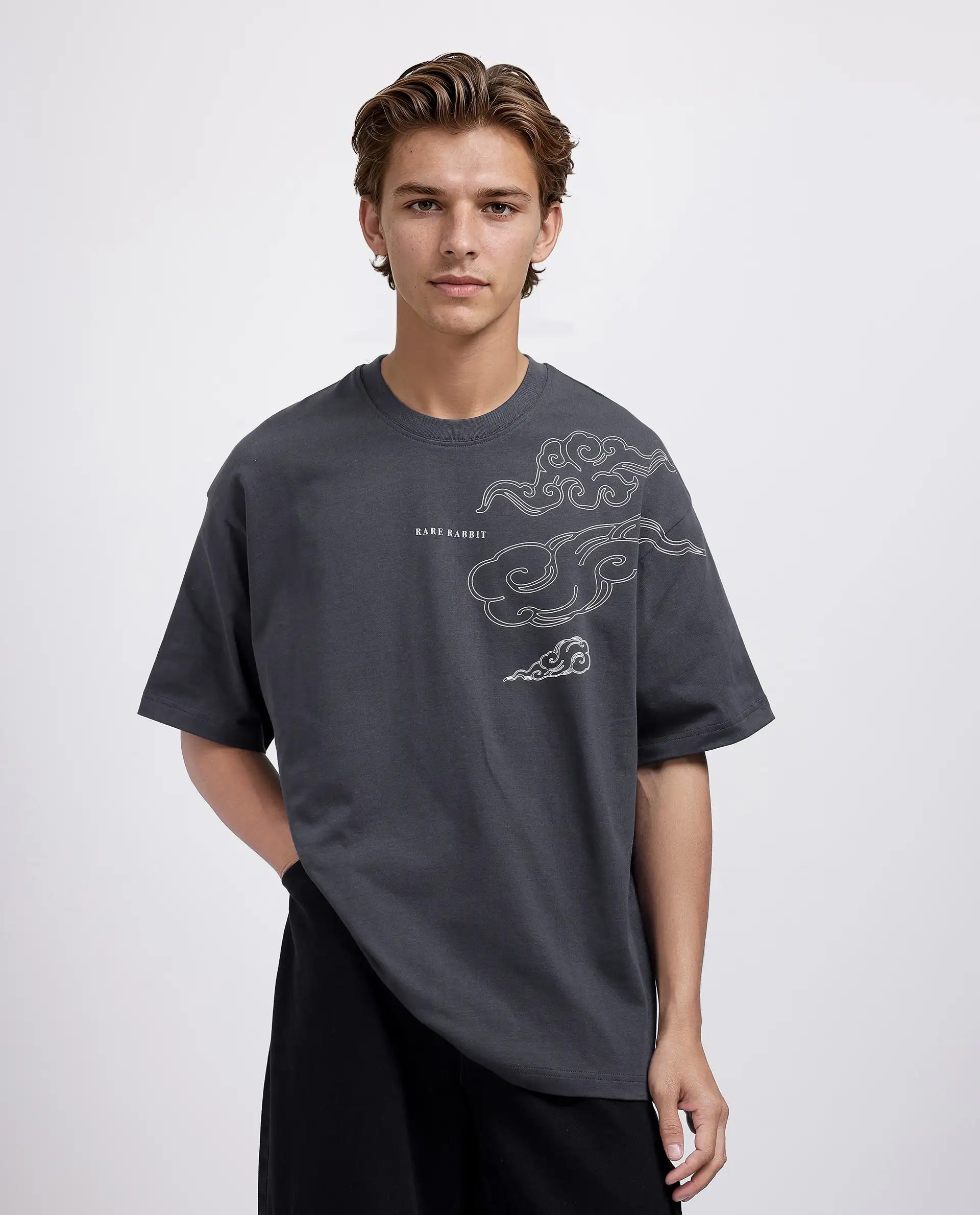 Rare Rabbit Men Zig Dark Grey Cotton Fabric Short Sleeve Crew Neck Slip-On Oversized Fit Graphic Print T-Shirt