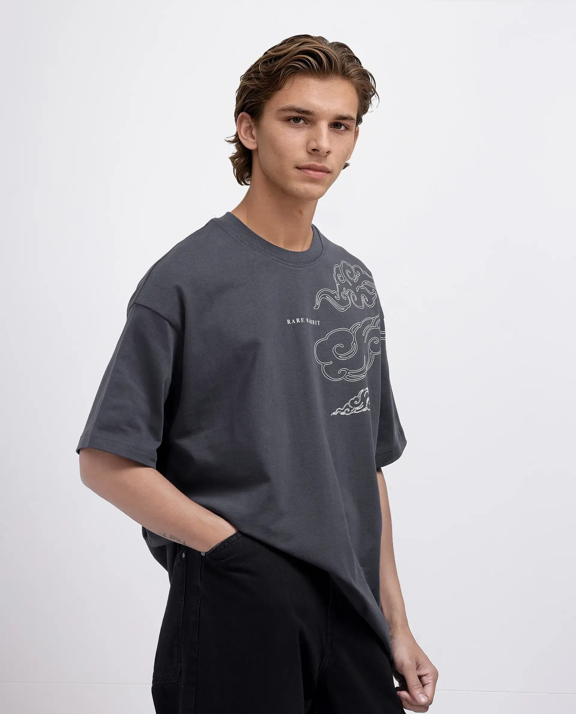 Rare Rabbit Men Zig Dark Grey Cotton Fabric Short Sleeve Crew Neck Slip-On Oversized Fit Graphic Print T-Shirt