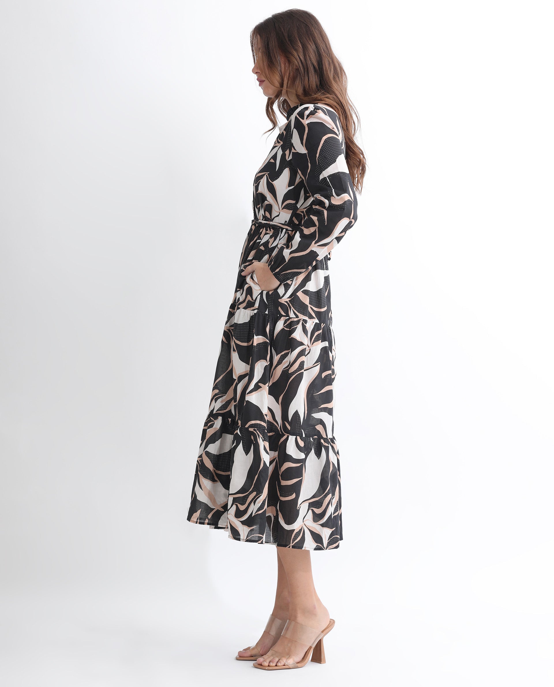 Rareism Women Zigzora Black Cotton Fabric Full Sleeves Ruffled Neck Regular Fit Abstract Print Knee Length A-Line Dress