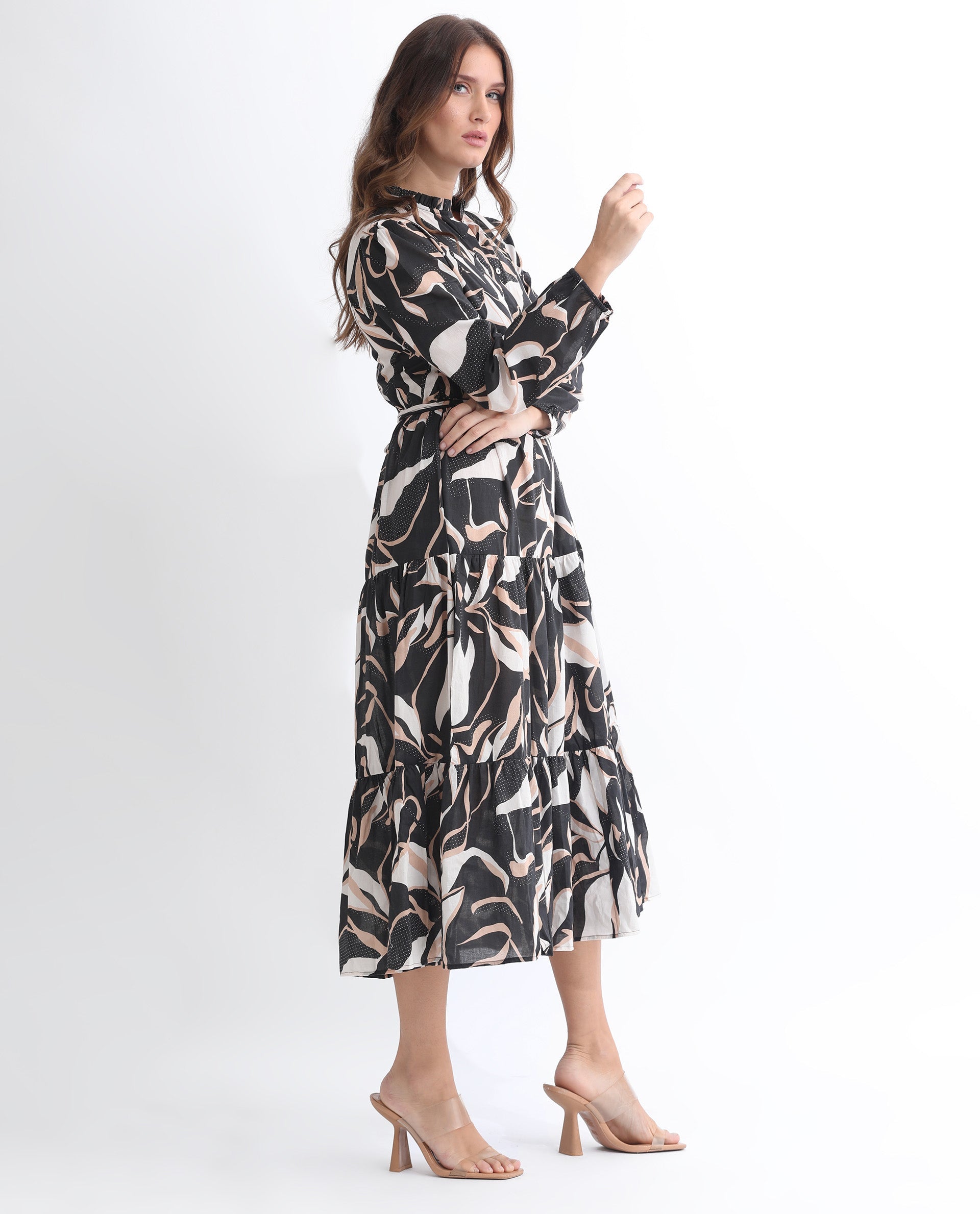 Rareism Women Zigzora Black Cotton Fabric Full Sleeves Ruffled Neck Regular Fit Abstract Print Knee Length A-Line Dress