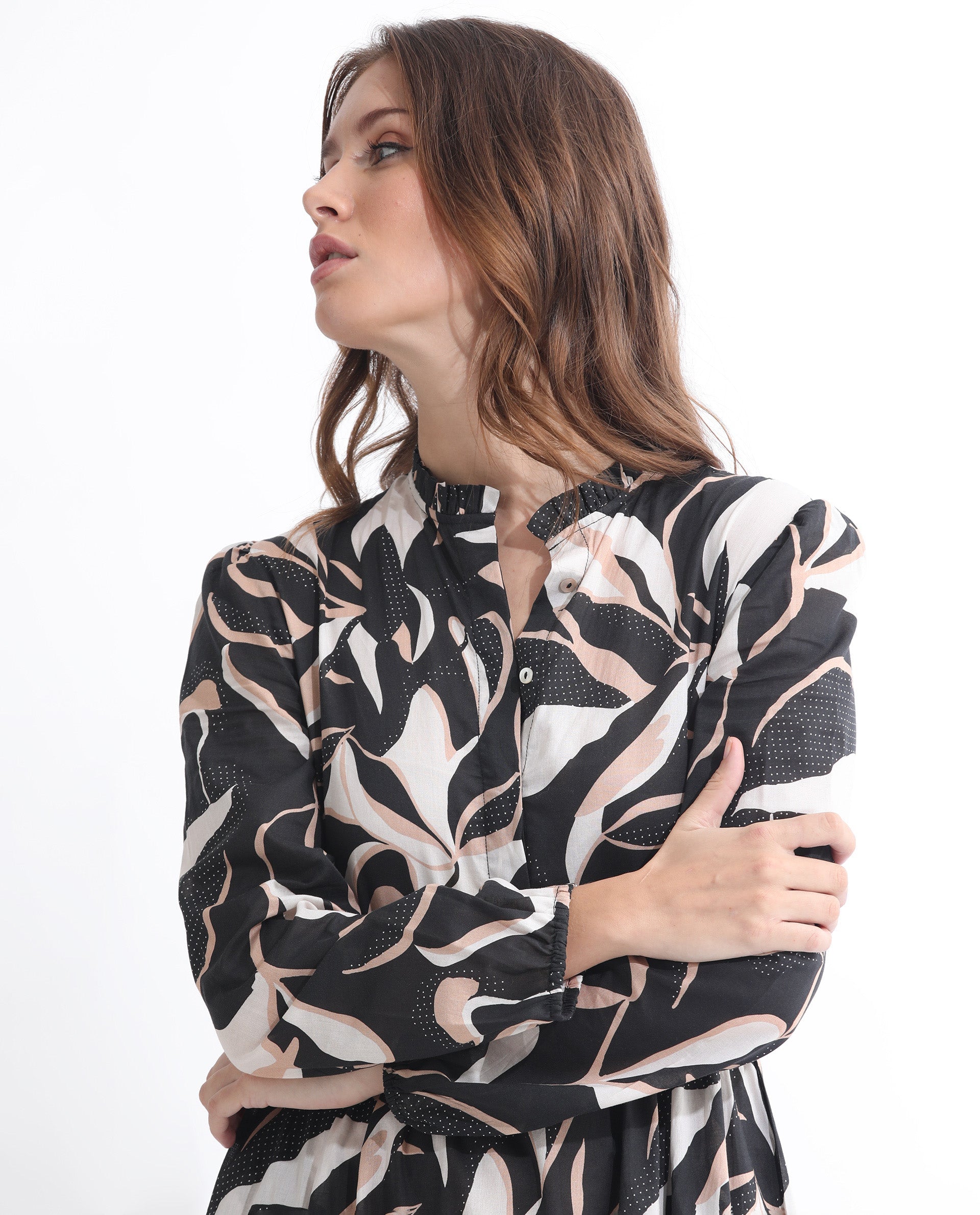 Rareism Women Zigzora Black Cotton Fabric Full Sleeves Ruffled Neck Regular Fit Abstract Print Knee Length A-Line Dress