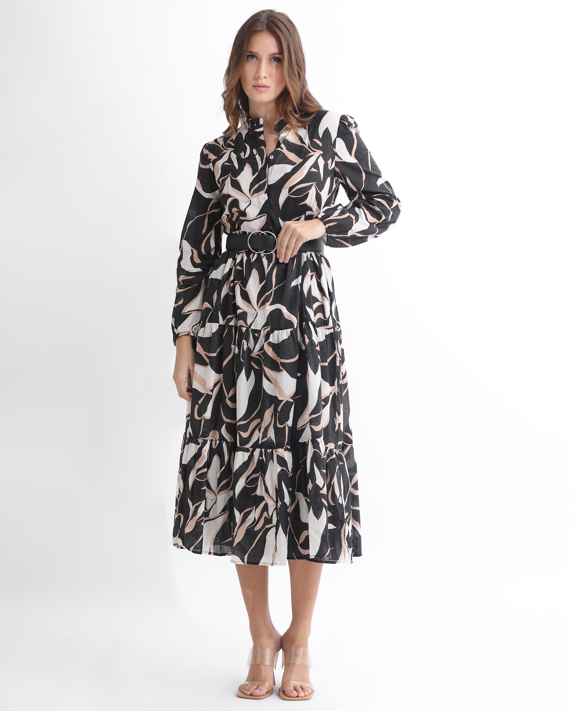 Rareism Women Zigzora Black Cotton Fabric Full Sleeves Ruffled Neck Regular Fit Abstract Print Knee Length A-Line Dress