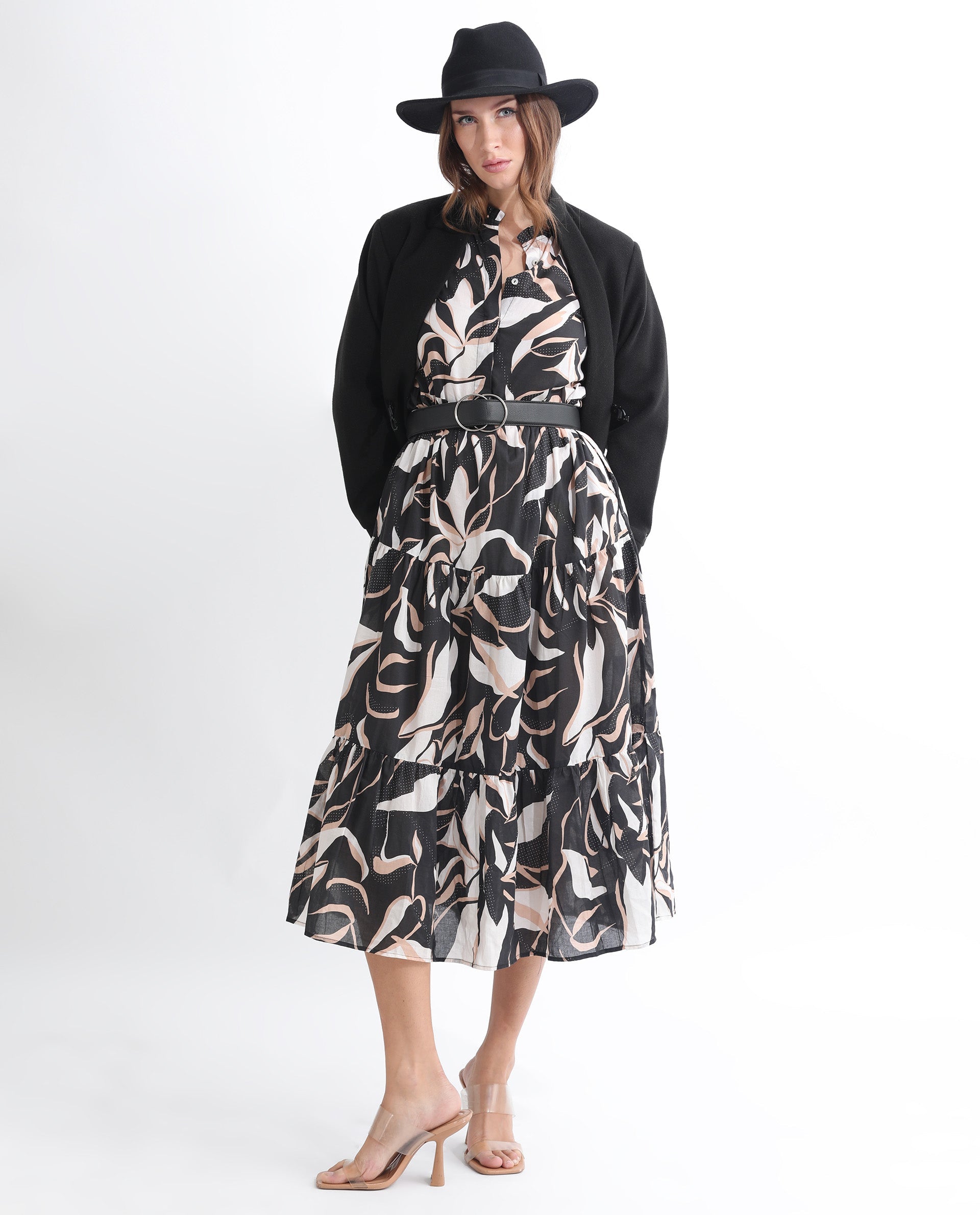 Rareism Women Zigzora Black Cotton Fabric Full Sleeves Ruffled Neck Regular Fit Abstract Print Knee Length A-Line Dress