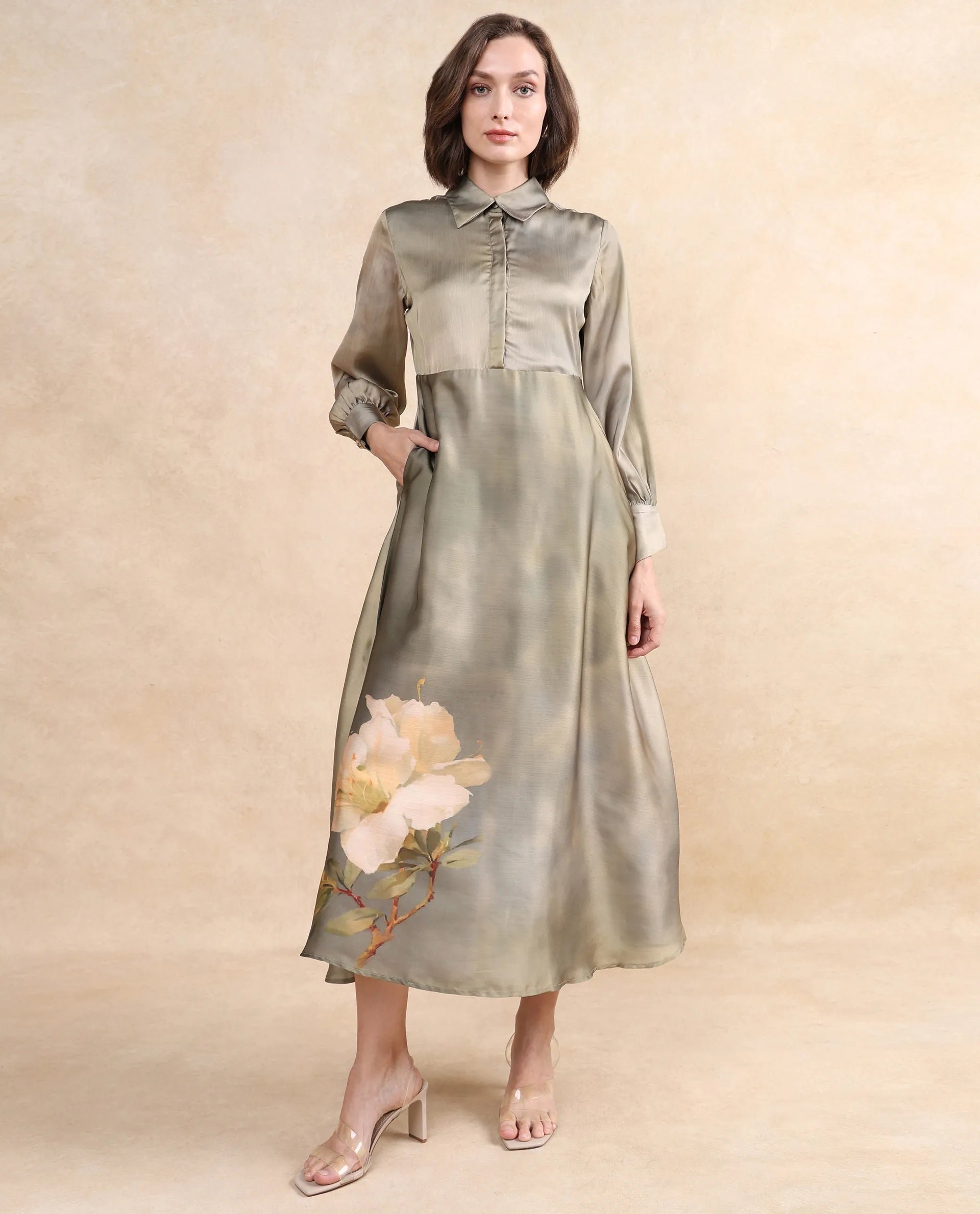 Rareism Women Zihawk Olive Satin Cuffed Sleeve Collared Neck Button Closure Flared Midi Floral Print Dress