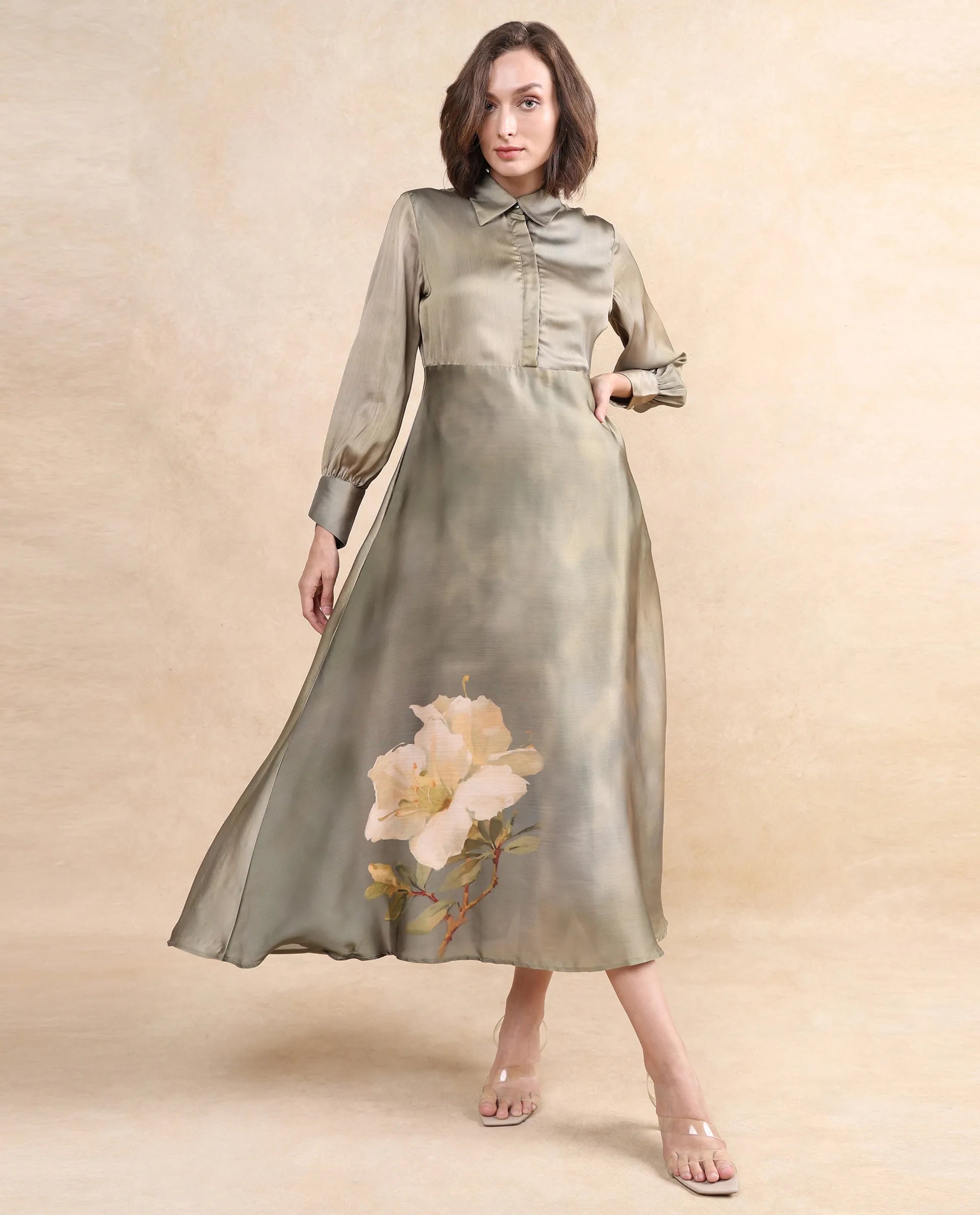 Rareism Women Zihawk Olive Satin Cuffed Sleeve Collared Neck Button Closure Flared Midi Floral Print Dress