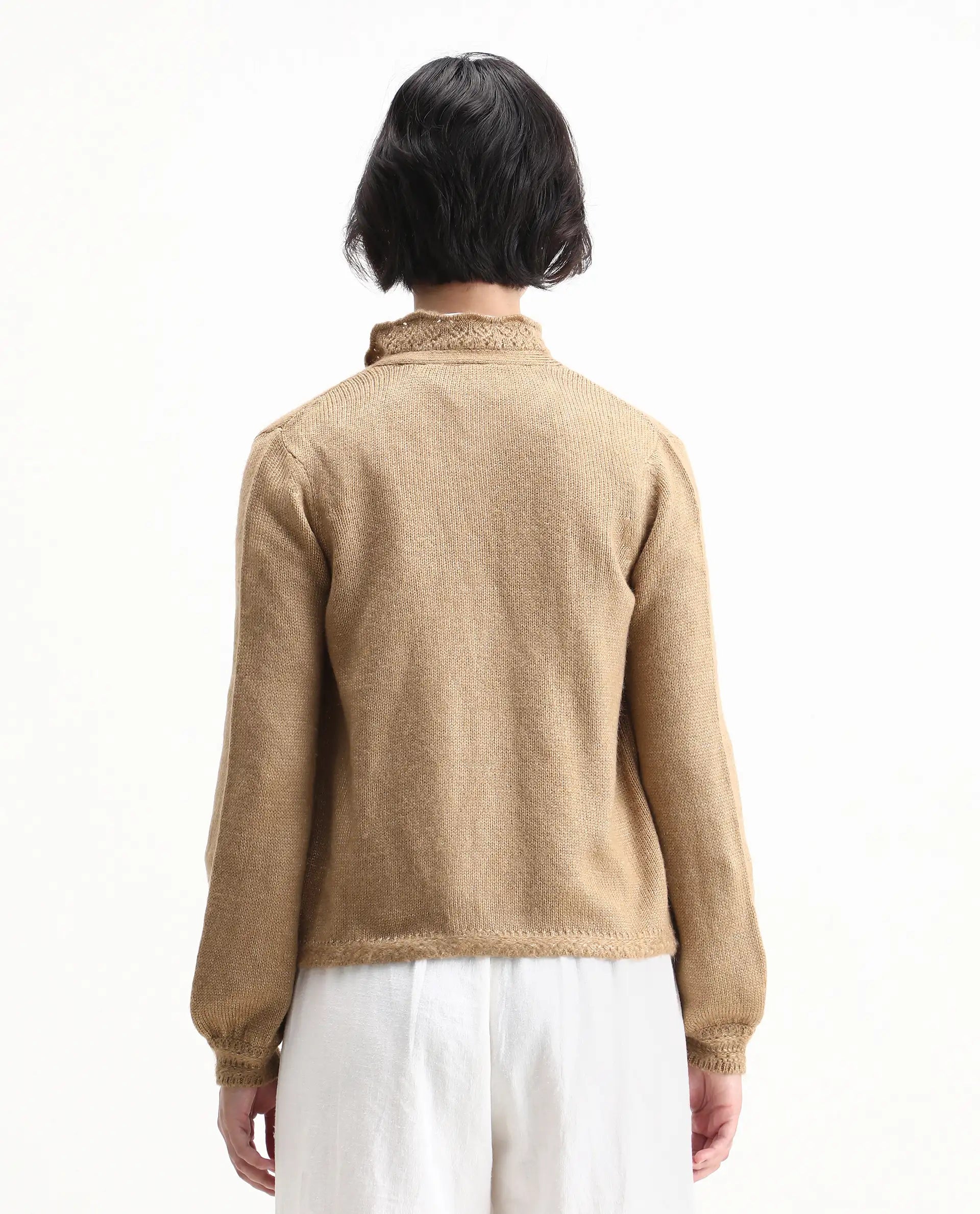 Rareism Women's Zika Khaki Acrylic Blend Spread Collar Regular Fit Sweater