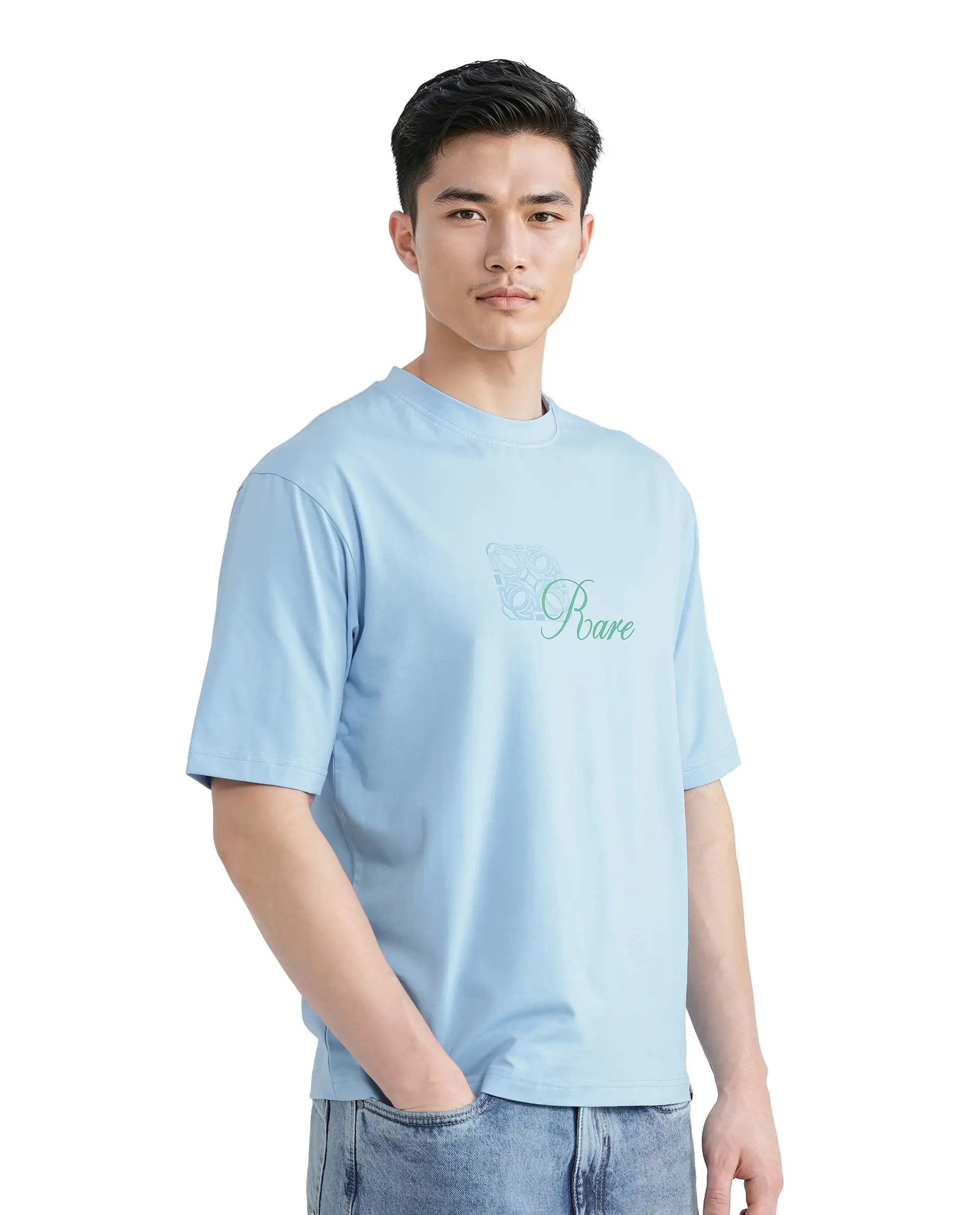 Rare Rabbit Men Zilos Light Blue Cotton Blend Fabric Short Sleeve Crew Neck HD Print T-Shirt