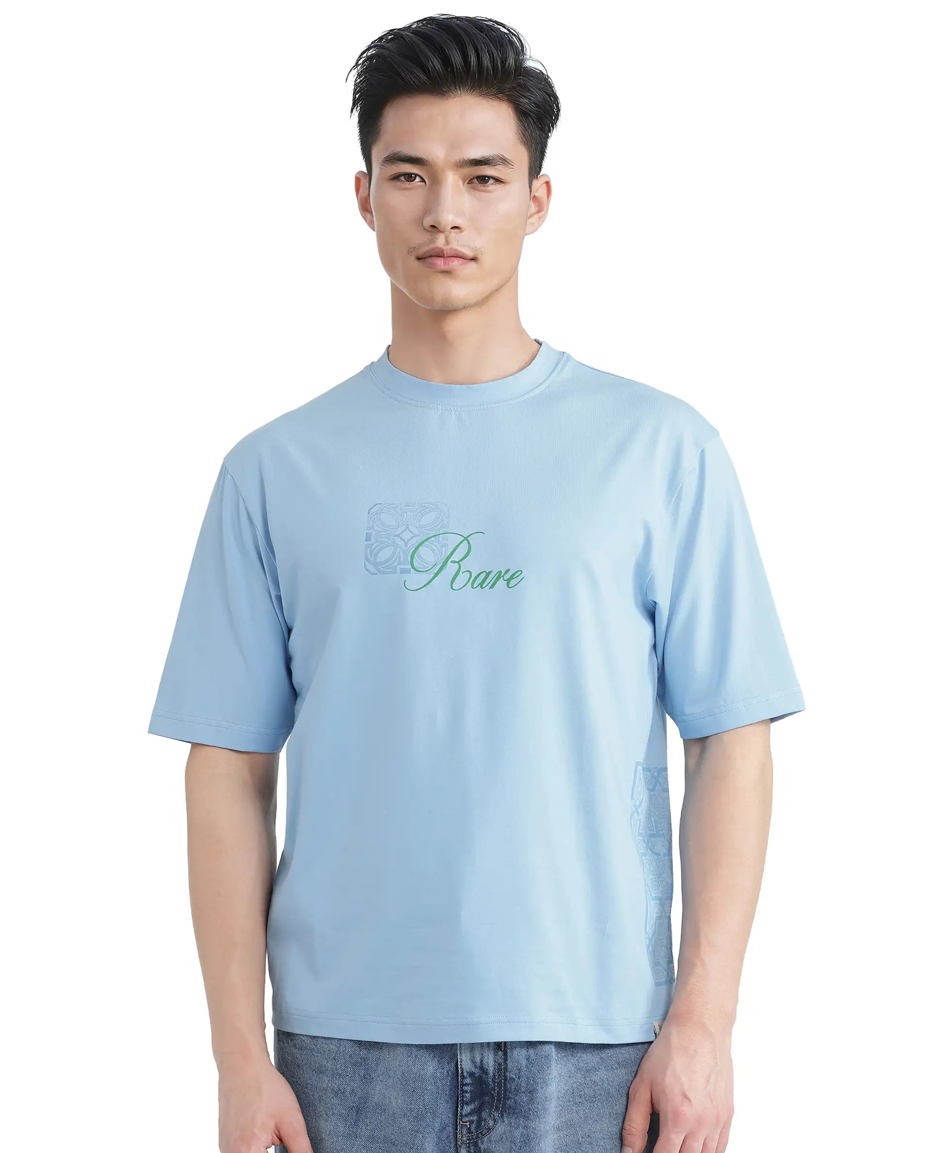 Rare Rabbit Men Zilos Light Blue Cotton Blend Fabric Short Sleeve Crew Neck HD Print T-Shirt
