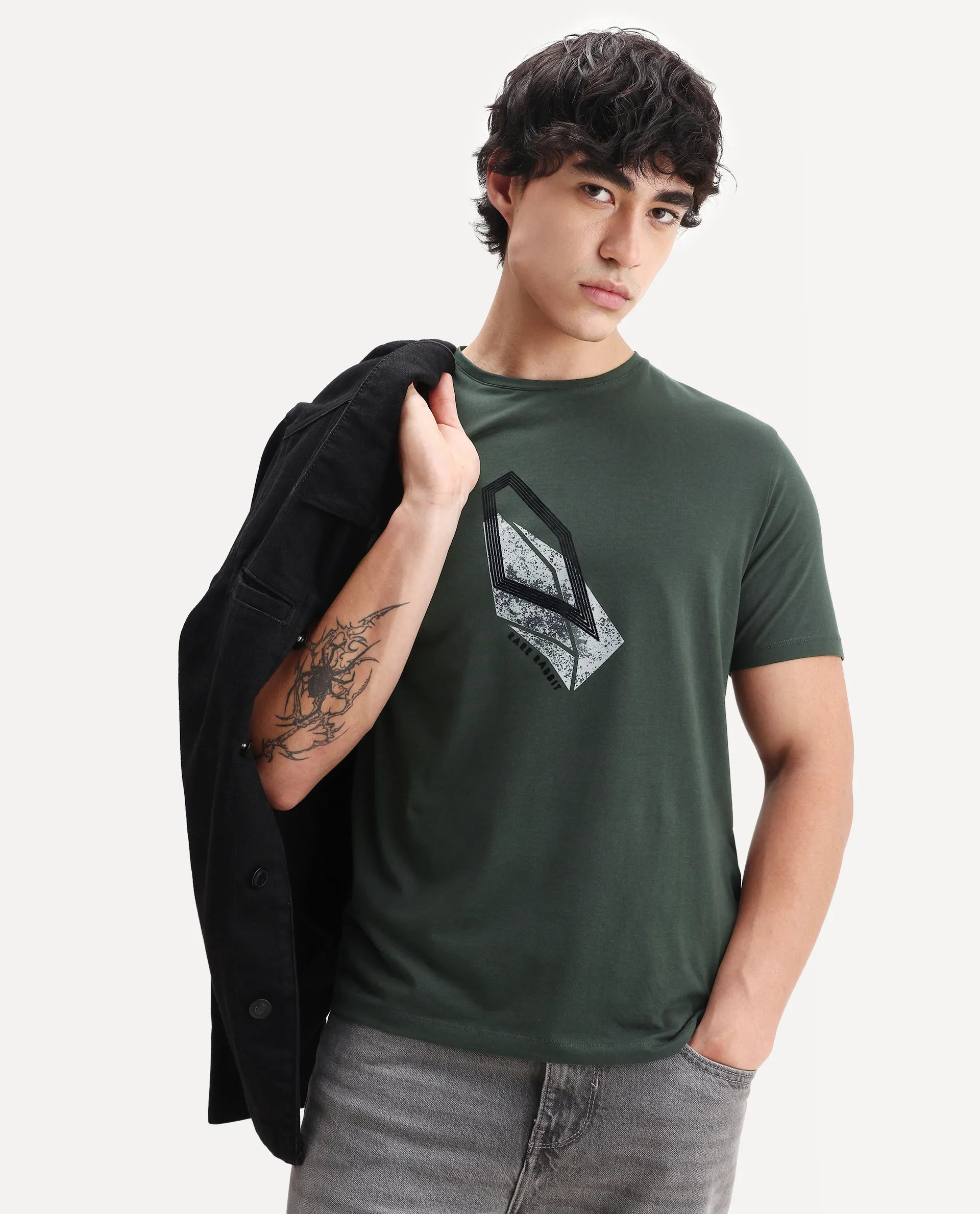 Rare Rabbit Men's Zima Dark Olive Cotton Blend Graphic Print Regular Fit Half Sleeve Crew Neck T-Shirt