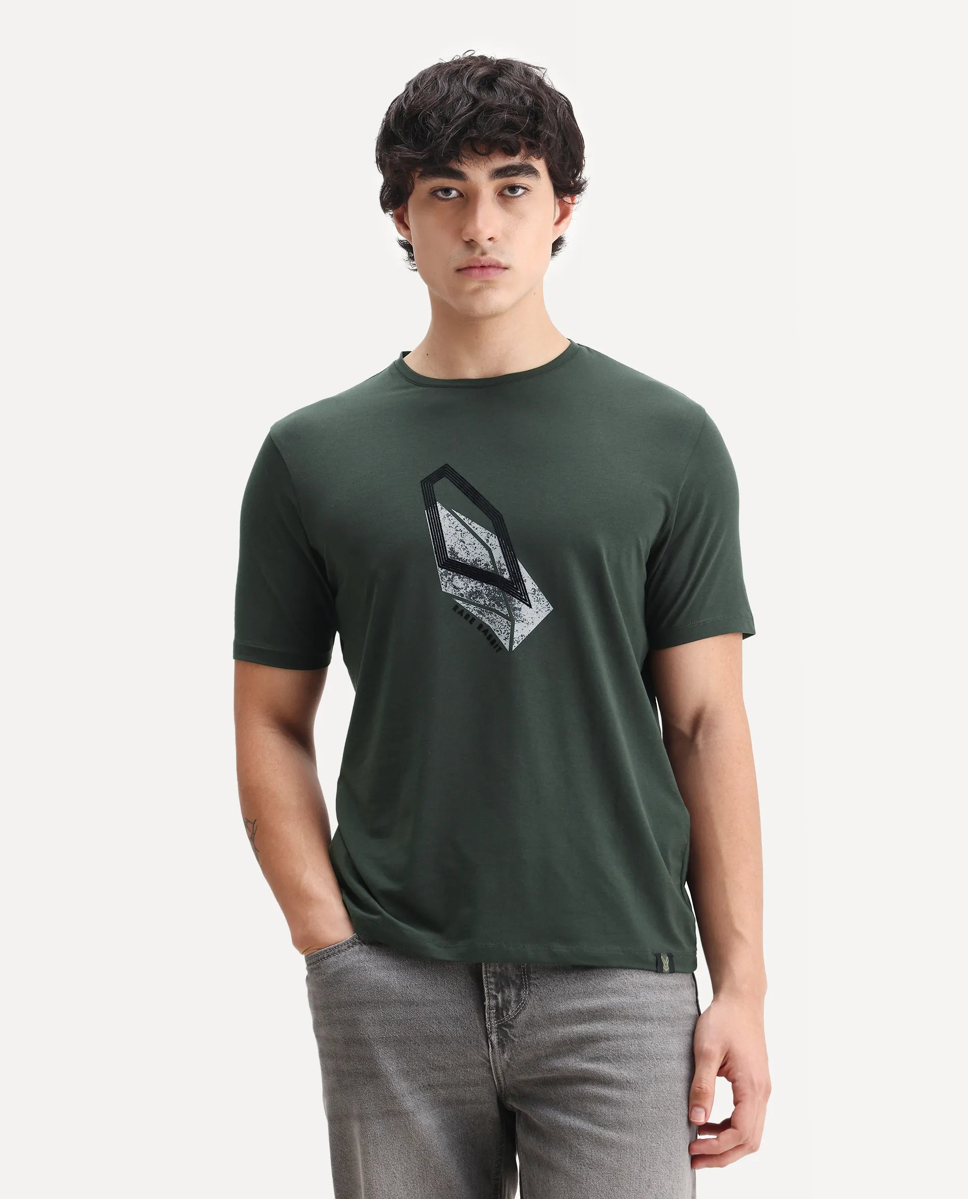 Rare Rabbit Men's Zima Dark Olive Cotton Blend Graphic Print Regular Fit Half Sleeve Crew Neck T-Shirt
