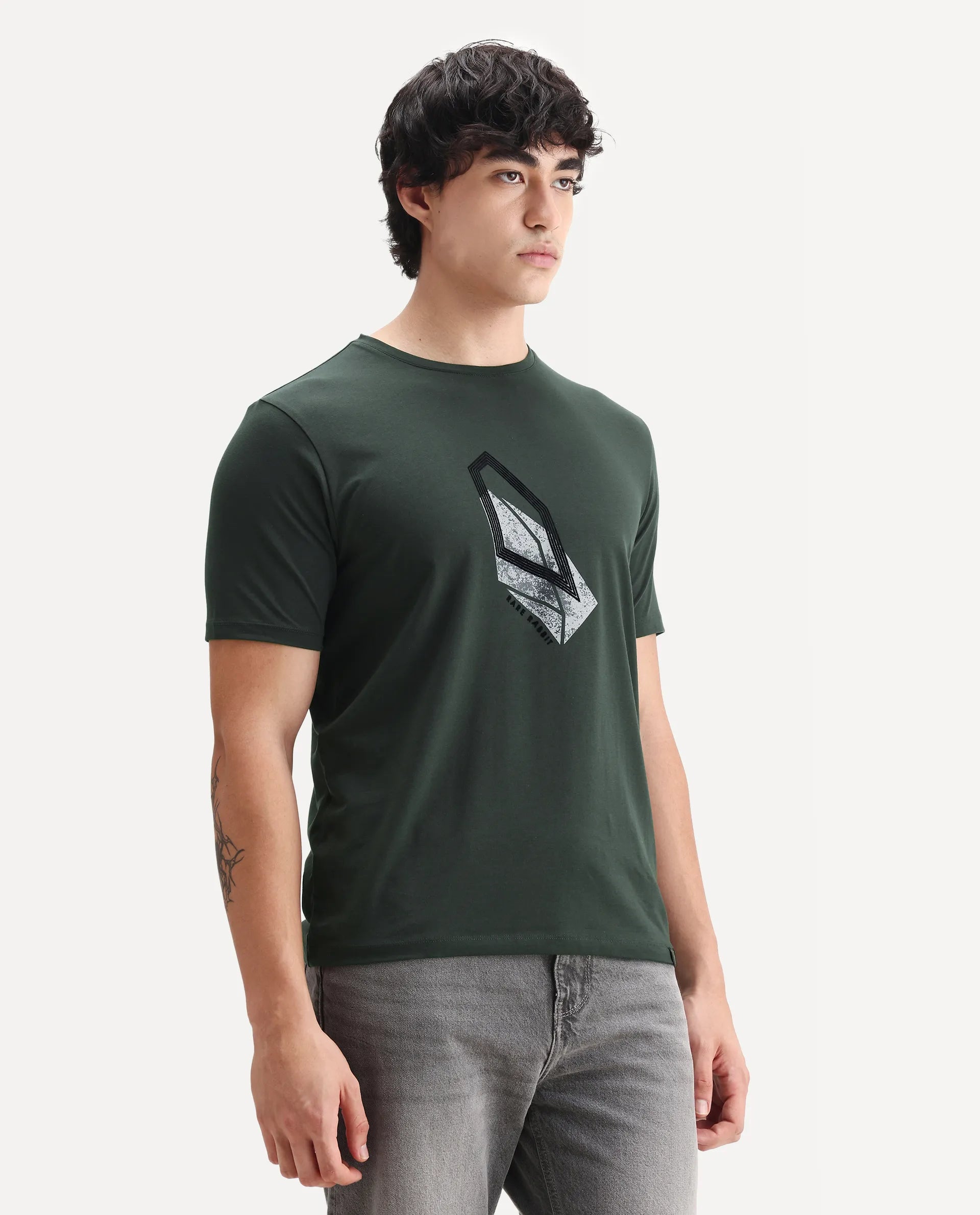 Rare Rabbit Men's Zima Dark Olive Cotton Blend Graphic Print Regular Fit Half Sleeve Crew Neck T-Shirt