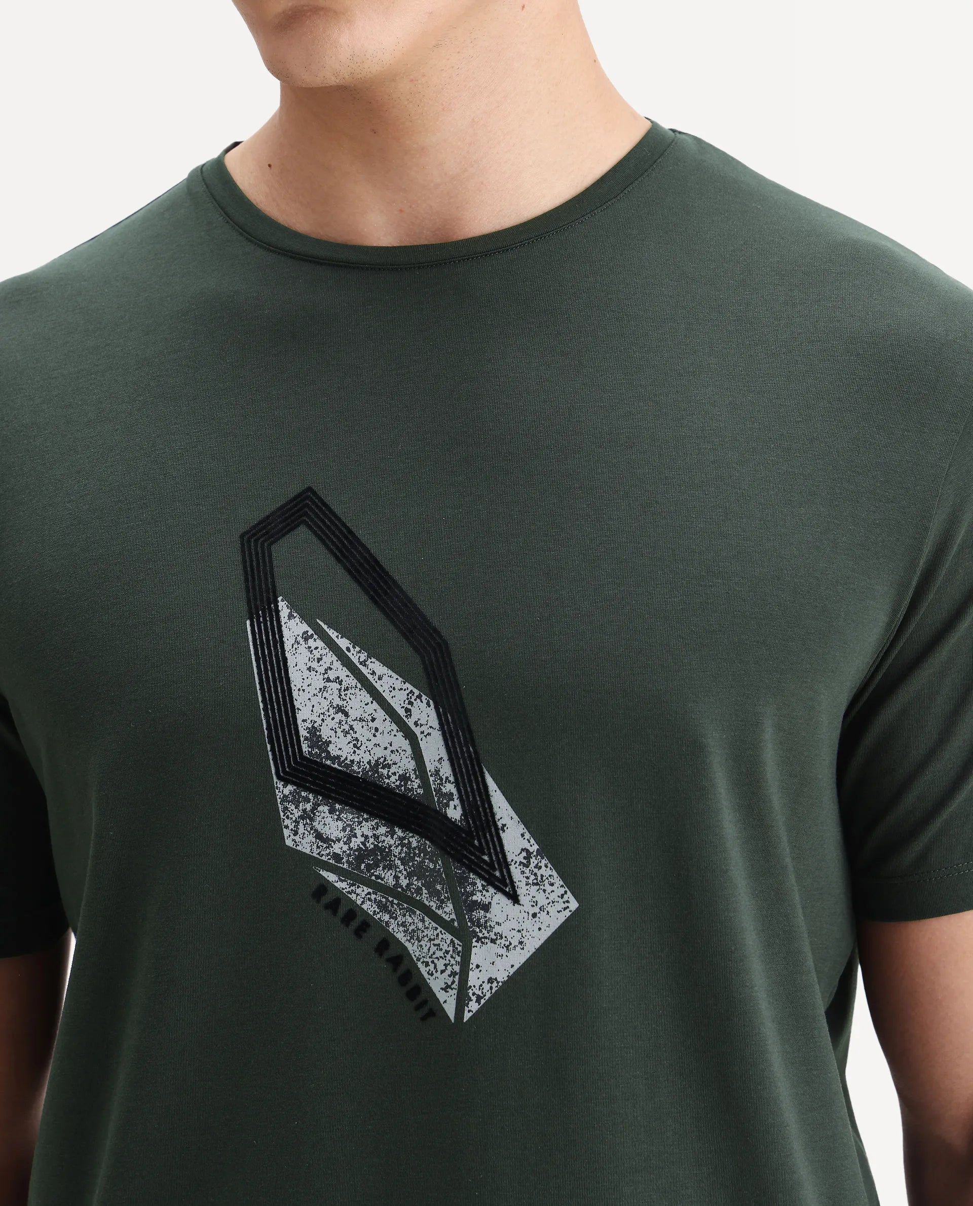 Rare Rabbit Men's Zima Dark Olive Cotton Blend Graphic Print Regular Fit Half Sleeve Crew Neck T-Shirt