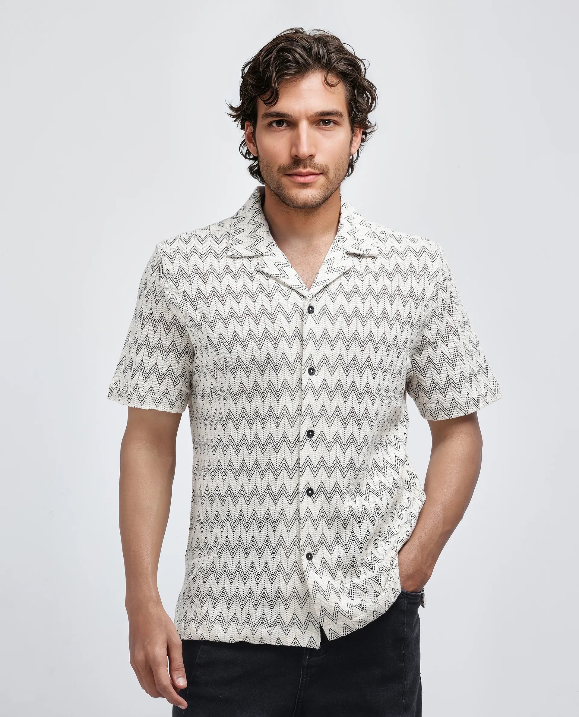 Rare Rabbit Men's Zina Off White Cotton Fabric Short Sleeve Collared Neck Knitted Shirt