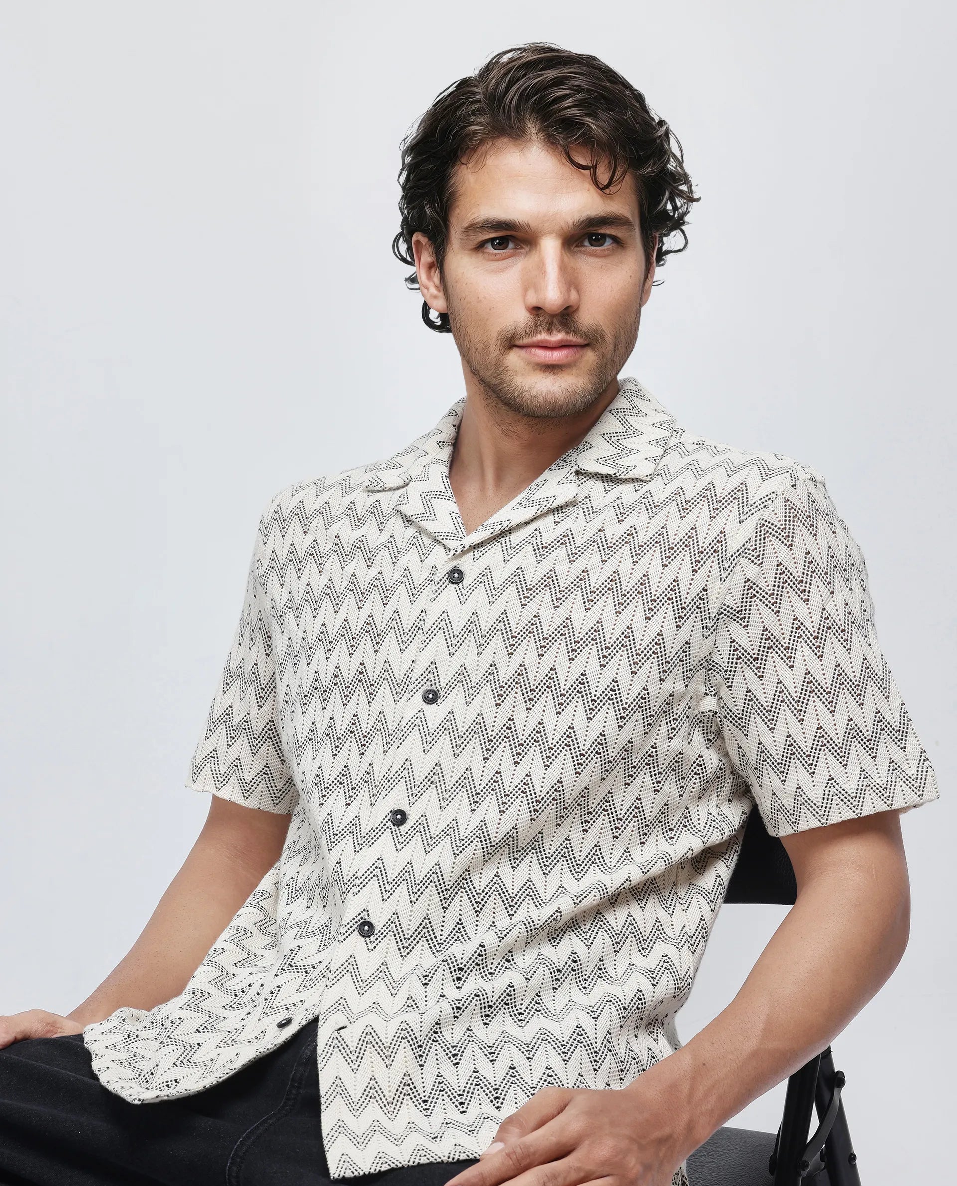 Rare Rabbit Men's Zina Off White Cotton Fabric Short Sleeve Collared Neck Knitted Shirt