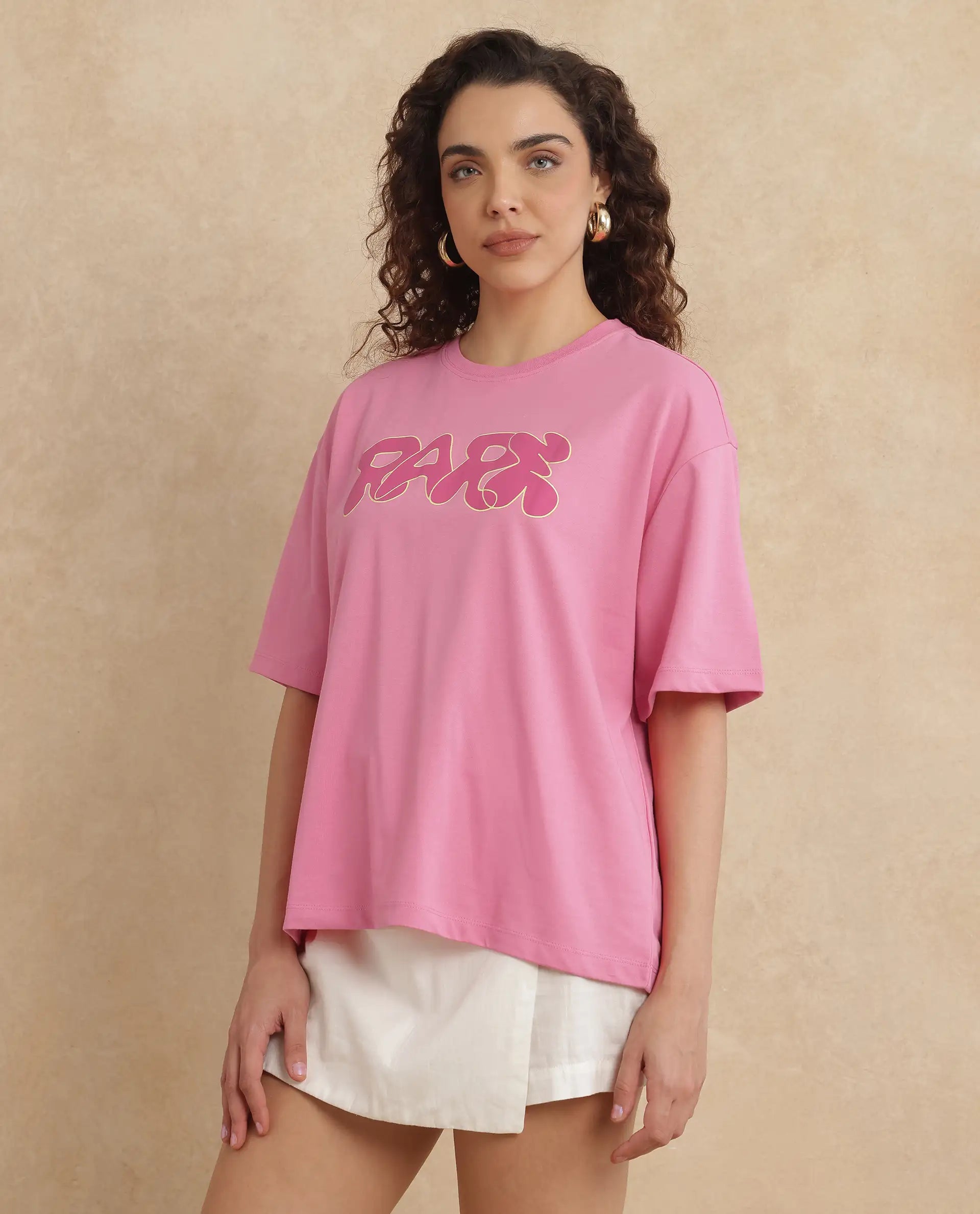 Rareism Women Zines Pink Cotton Blend Fabric Short Sleeve Crew Neck Oversized Fit Graphic Print T-Shirt