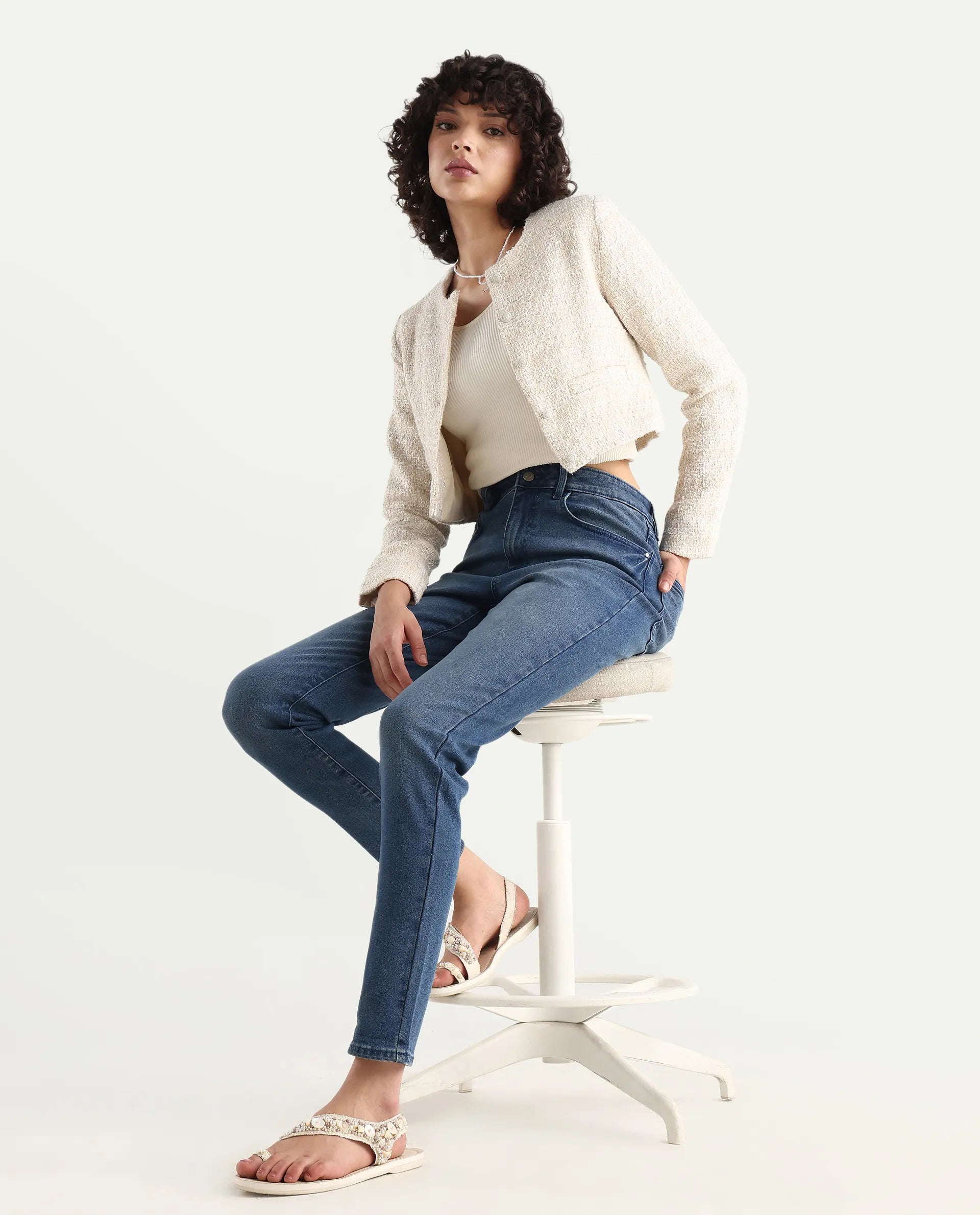 Rareism Women's Zinga Blue Cotton Blend Plain Ankle Length Skinny Fit Jeans