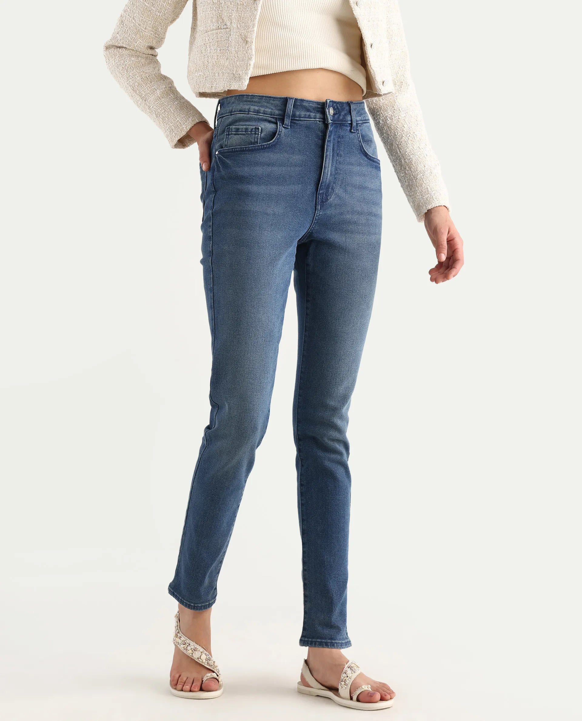 Rareism Women's Zinga Blue Cotton Blend Plain Ankle Length Skinny Fit Jeans