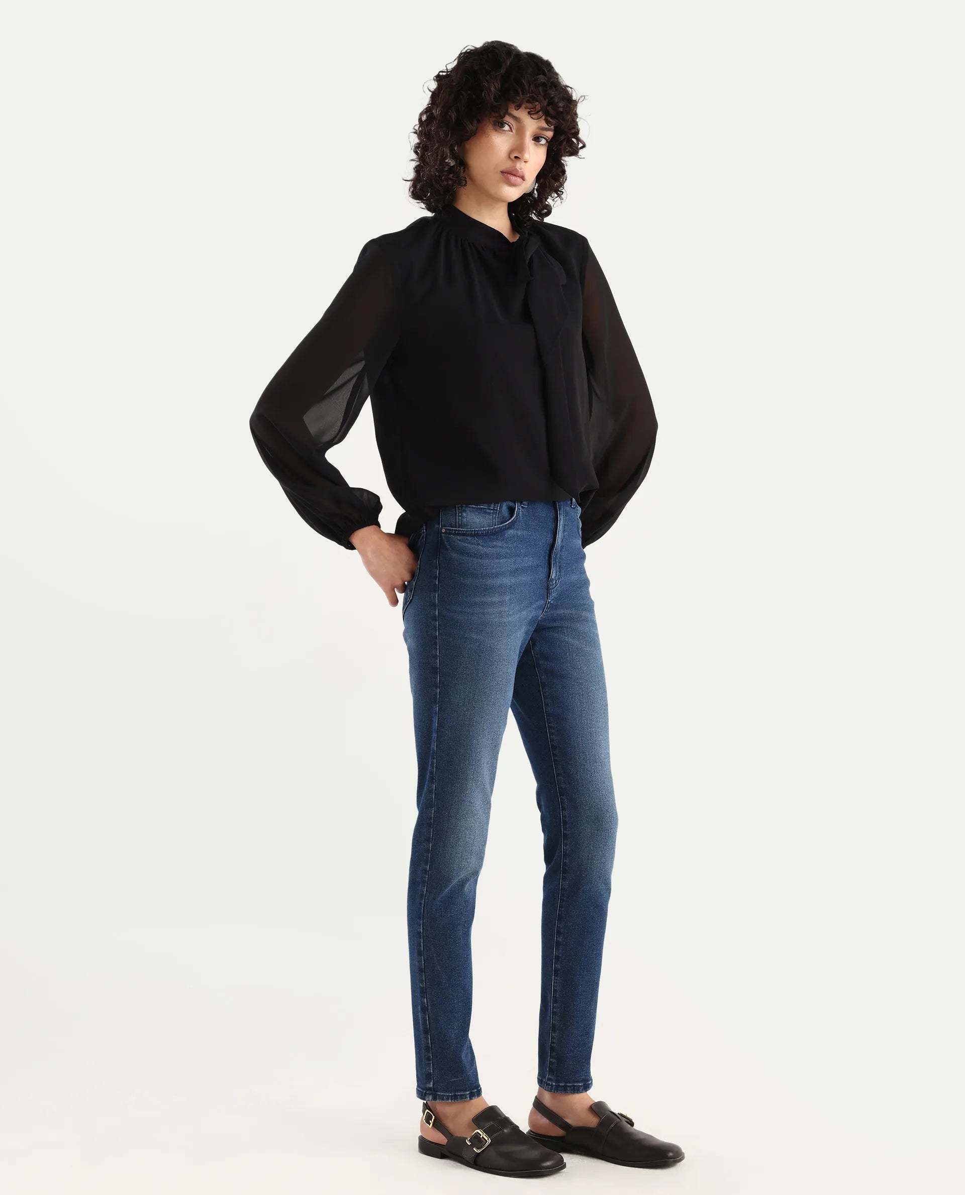 Rareism Women's Zing Blue Cotton Blend Plain Ankle Length Sleek Skinny Fit Jeans