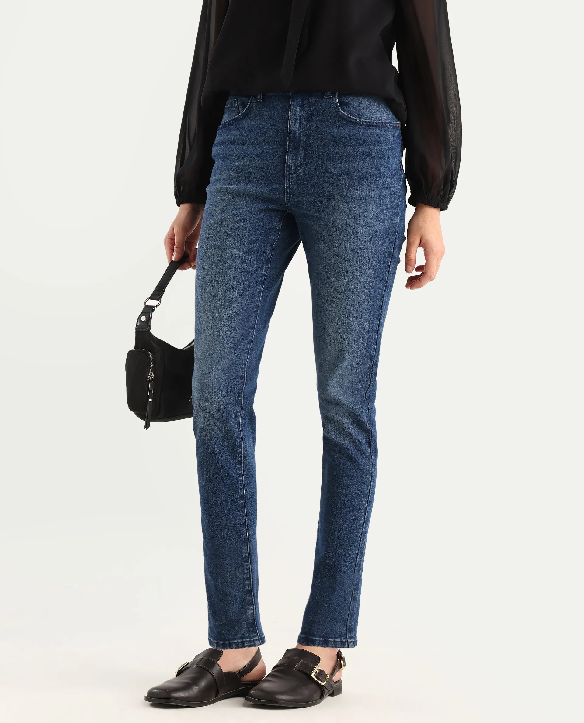 Rareism Women's Zing Blue Cotton Blend Plain Ankle Length Sleek Skinny Fit Jeans