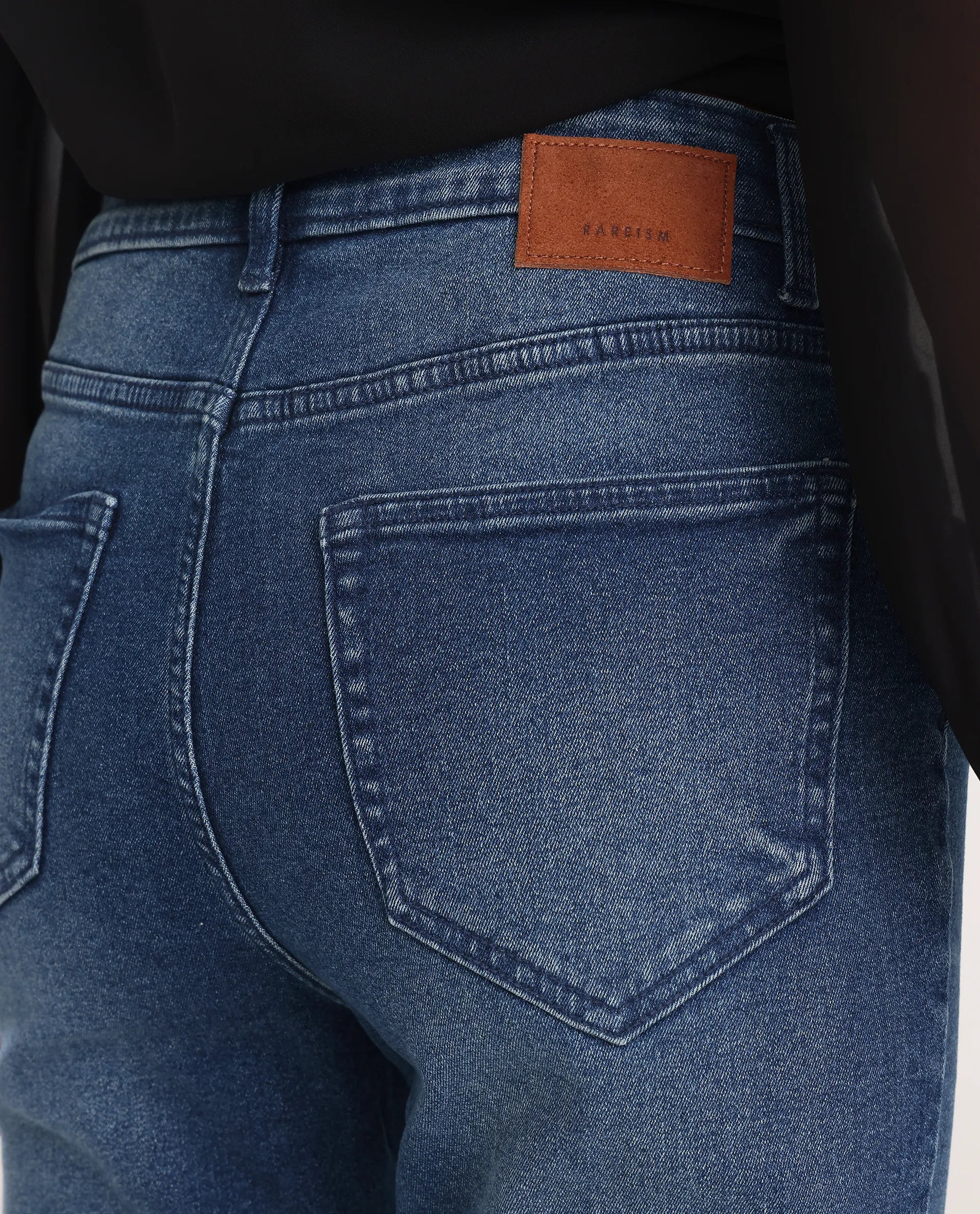 Rareism Women's Zing Blue Cotton Blend Plain Ankle Length Sleek Skinny Fit Jeans