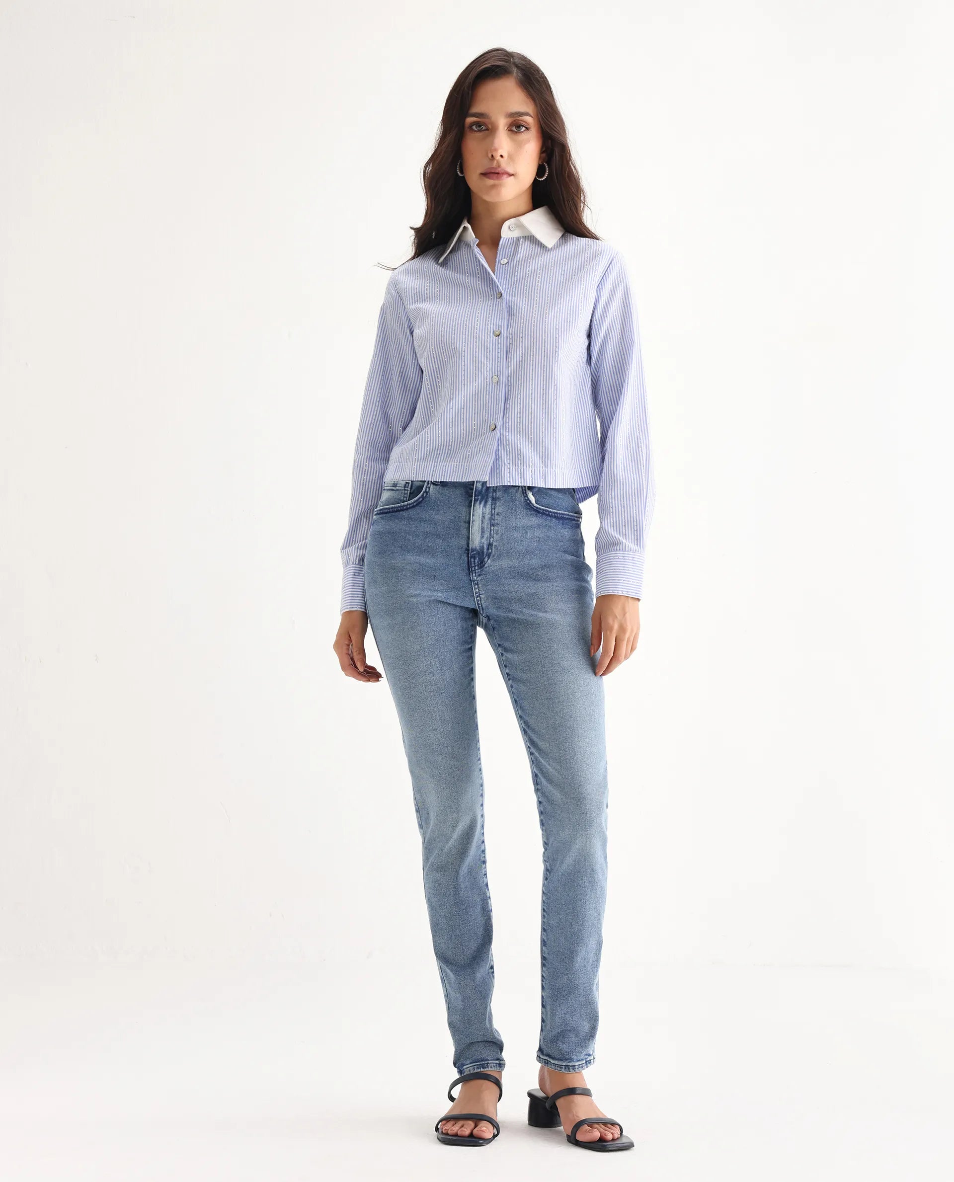 Rareism Women's Zingo Light Blue Cotton Blend Plain Ankle Length Skinny Fit Jeans