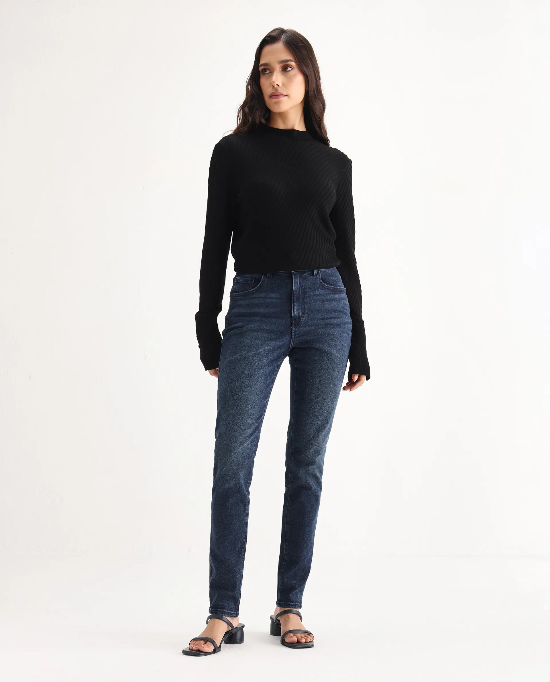 Rareism Women's Zinko Dark Blue Denim Plain Ankle Length Slim Fit Jeans