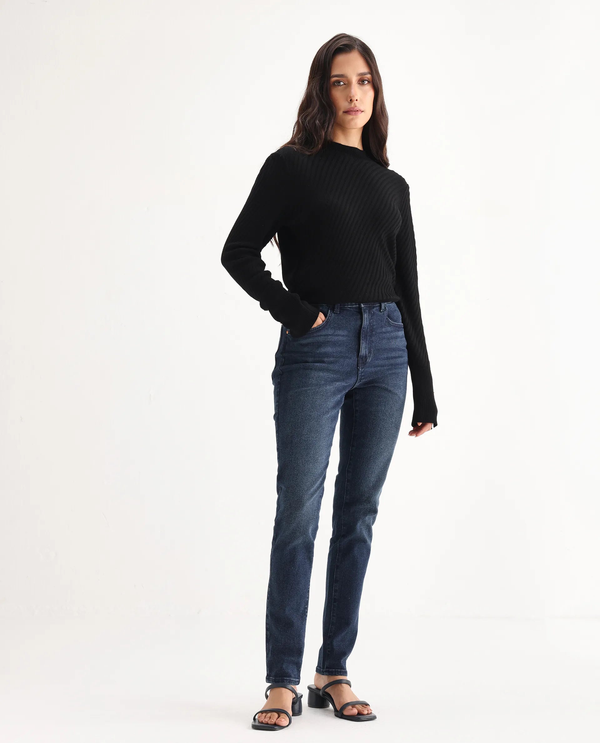 Rareism Women's Zinko Dark Blue Denim Plain Ankle Length Slim Fit Jeans