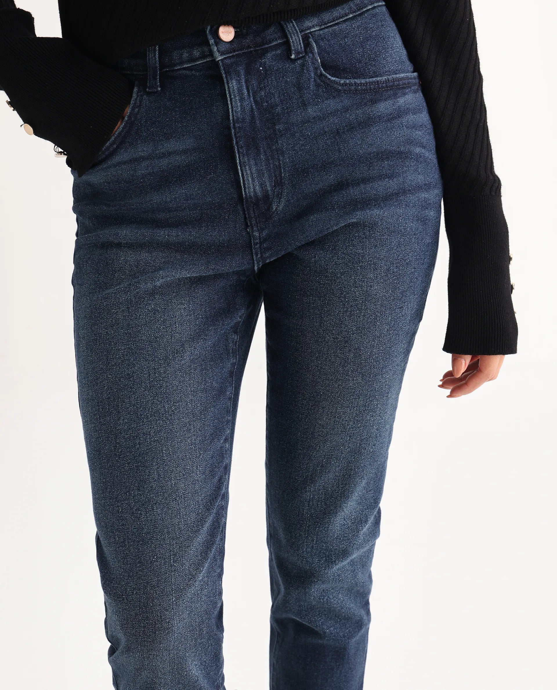 Rareism Women's Zinko Dark Blue Denim Plain Ankle Length Slim Fit Jeans